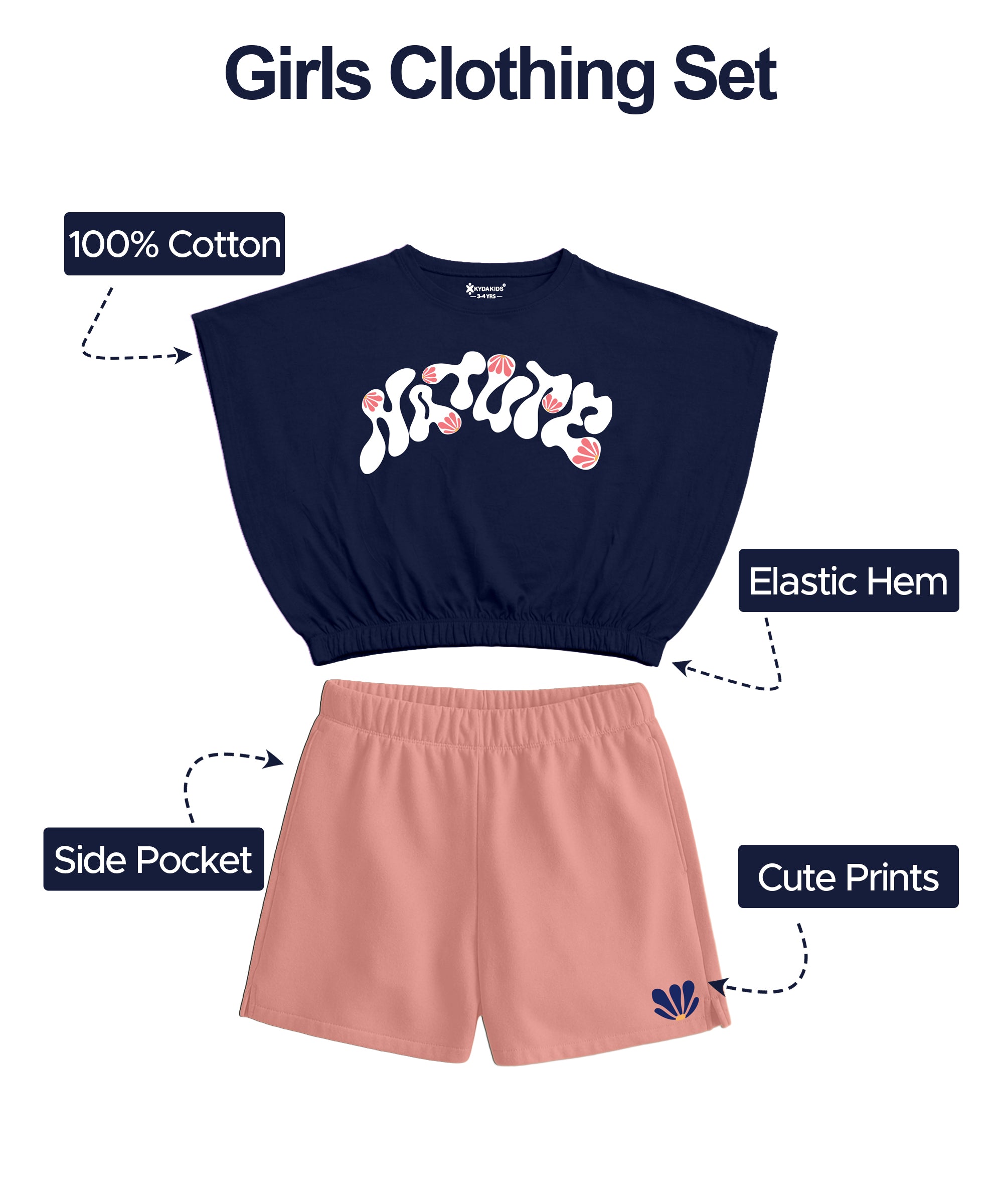 Girls Cotton Printed Top & Shorts Co-Ord Set | Regular Fit