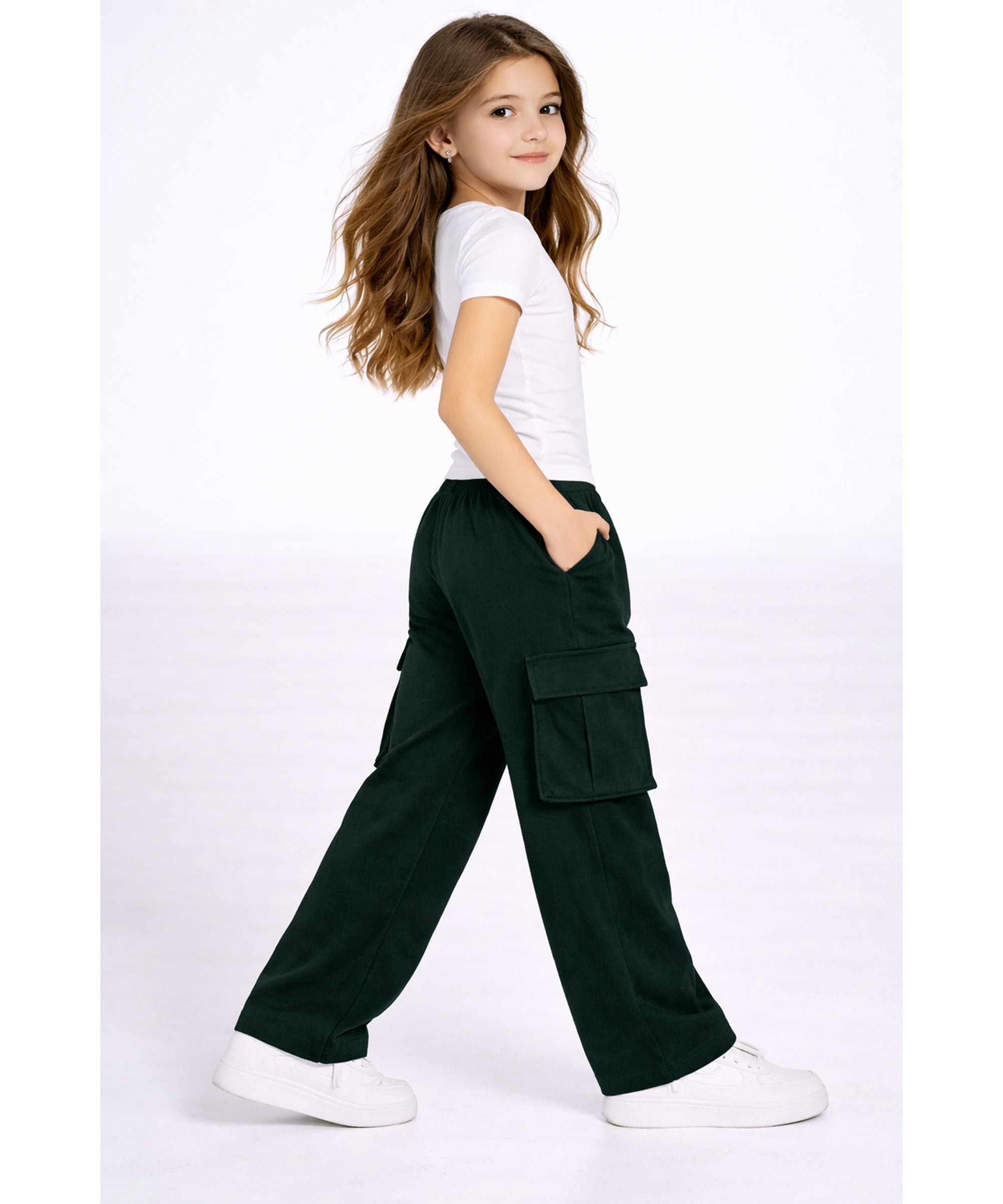 Girls Cotton Elastic Waist Multi-Pocket Cargo Pants | Korean Style Wide Leg