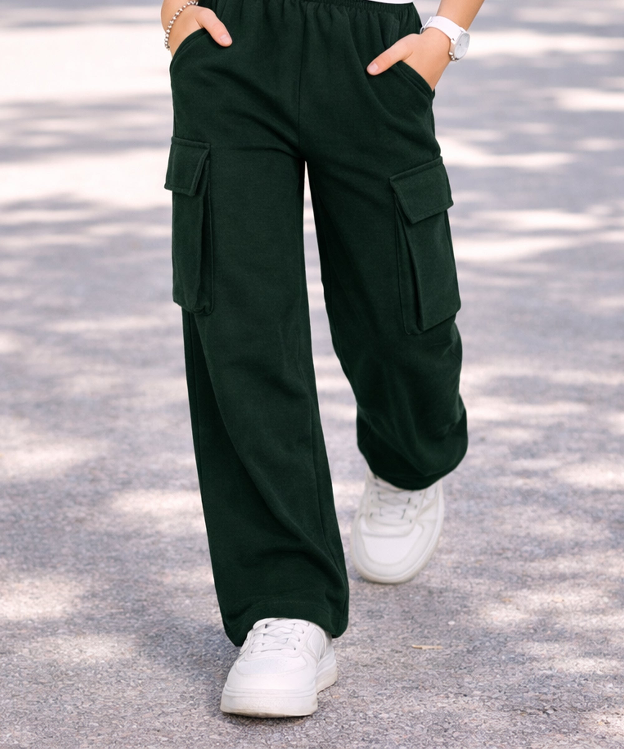Girls Cotton Elastic Waist Multi-Pocket Cargo Pants | Korean Style Wide Leg