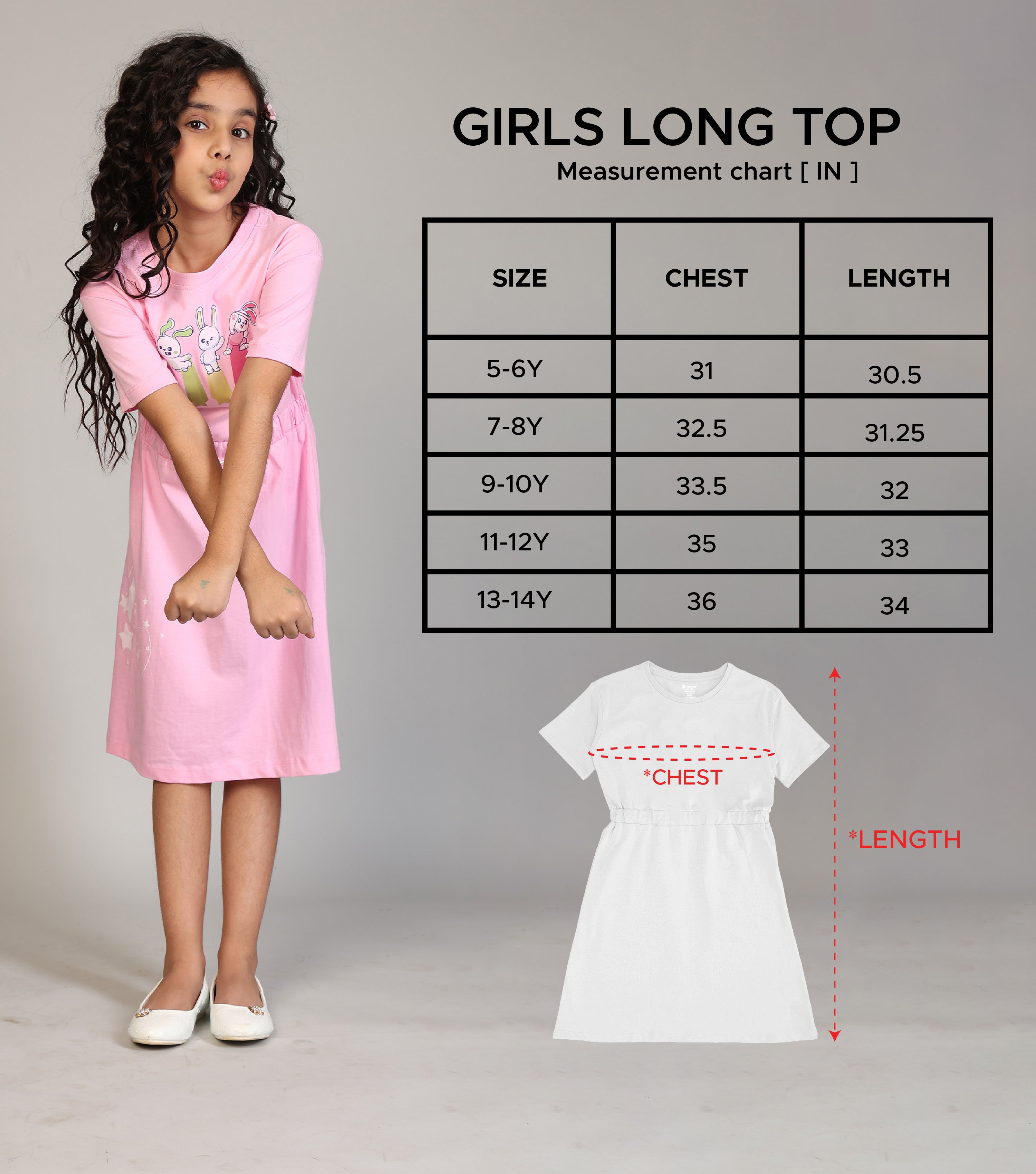 Girls Long Top With Waist Elastic Rope | Pink