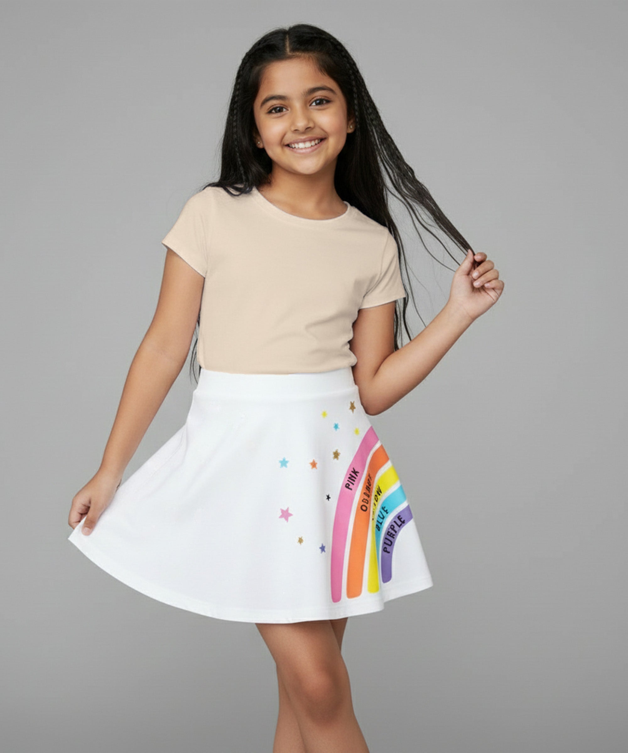 Girls Cotton Printed Skirt Attached With Inner Lycra Shorts-White