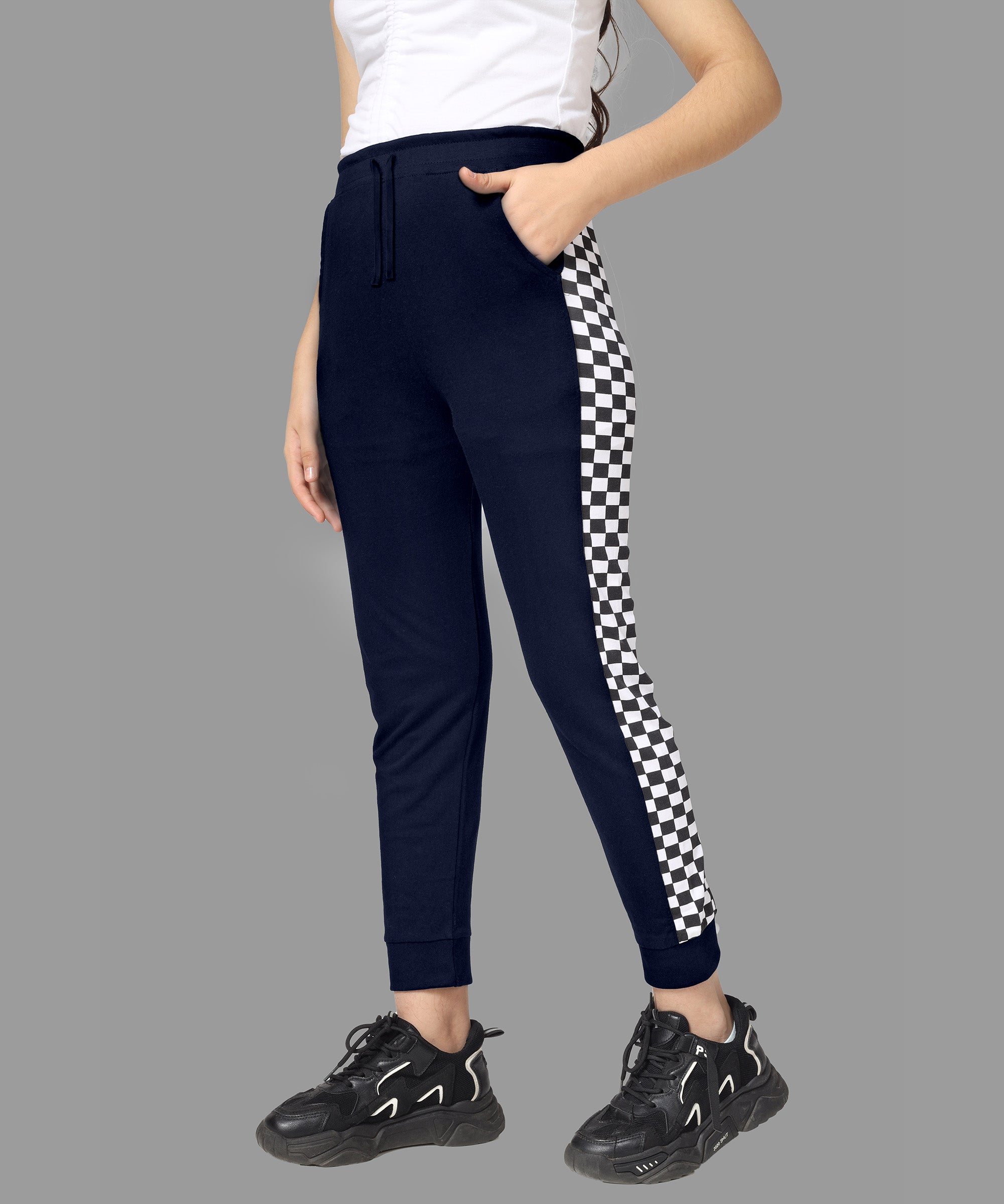 Girls Cotton Printed Track Pants with Pocket - Navy
