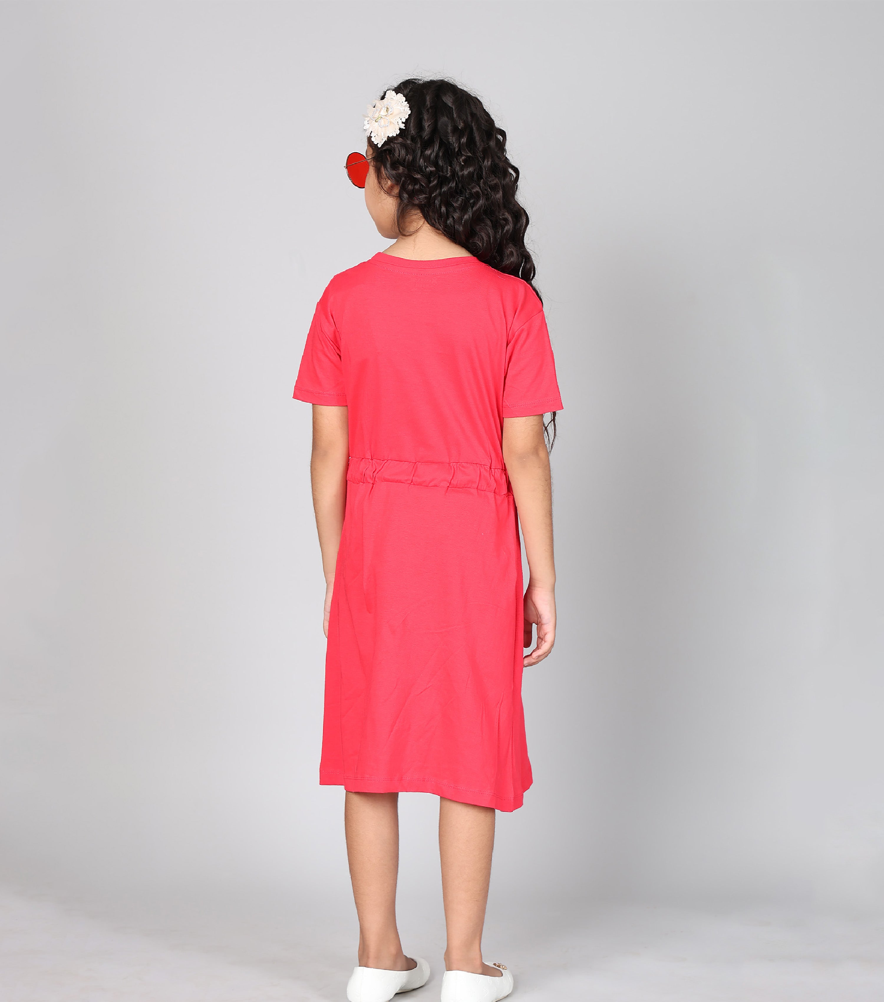 100% Pure Cotton Printed Round Neck Regular fit Short Sleeve Long Top for Girls-Red