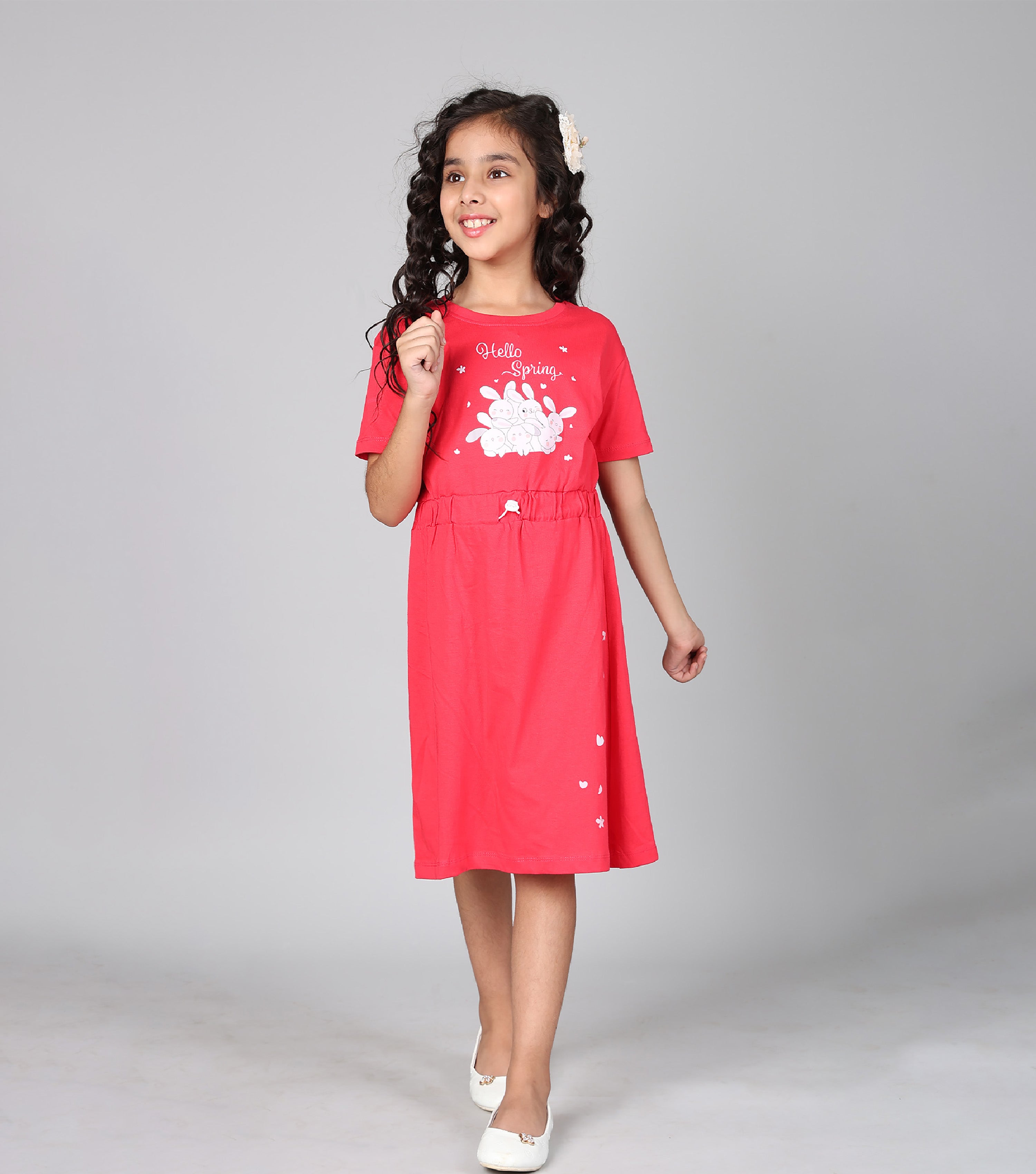 100% Pure Cotton Printed Round Neck Regular fit Short Sleeve Long Top for Girls-Red