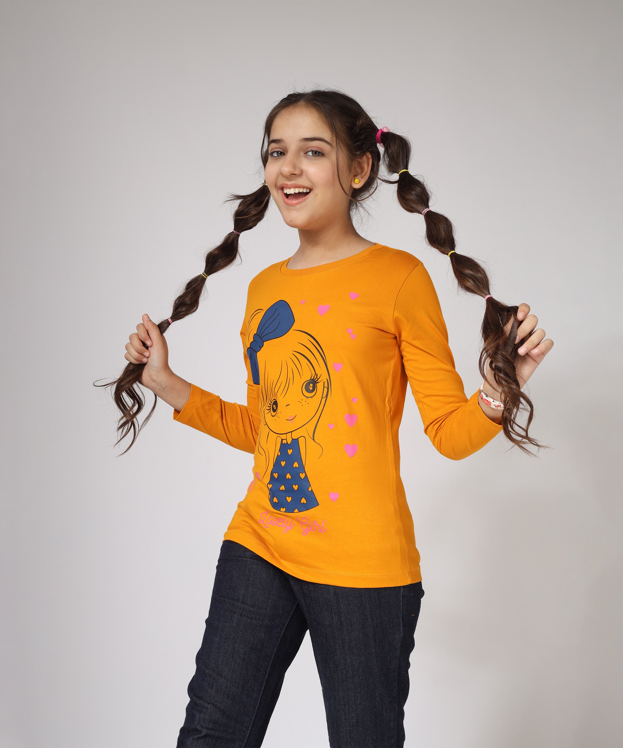 Girls Printed Full Sleeve Premium T-shirt | Orange