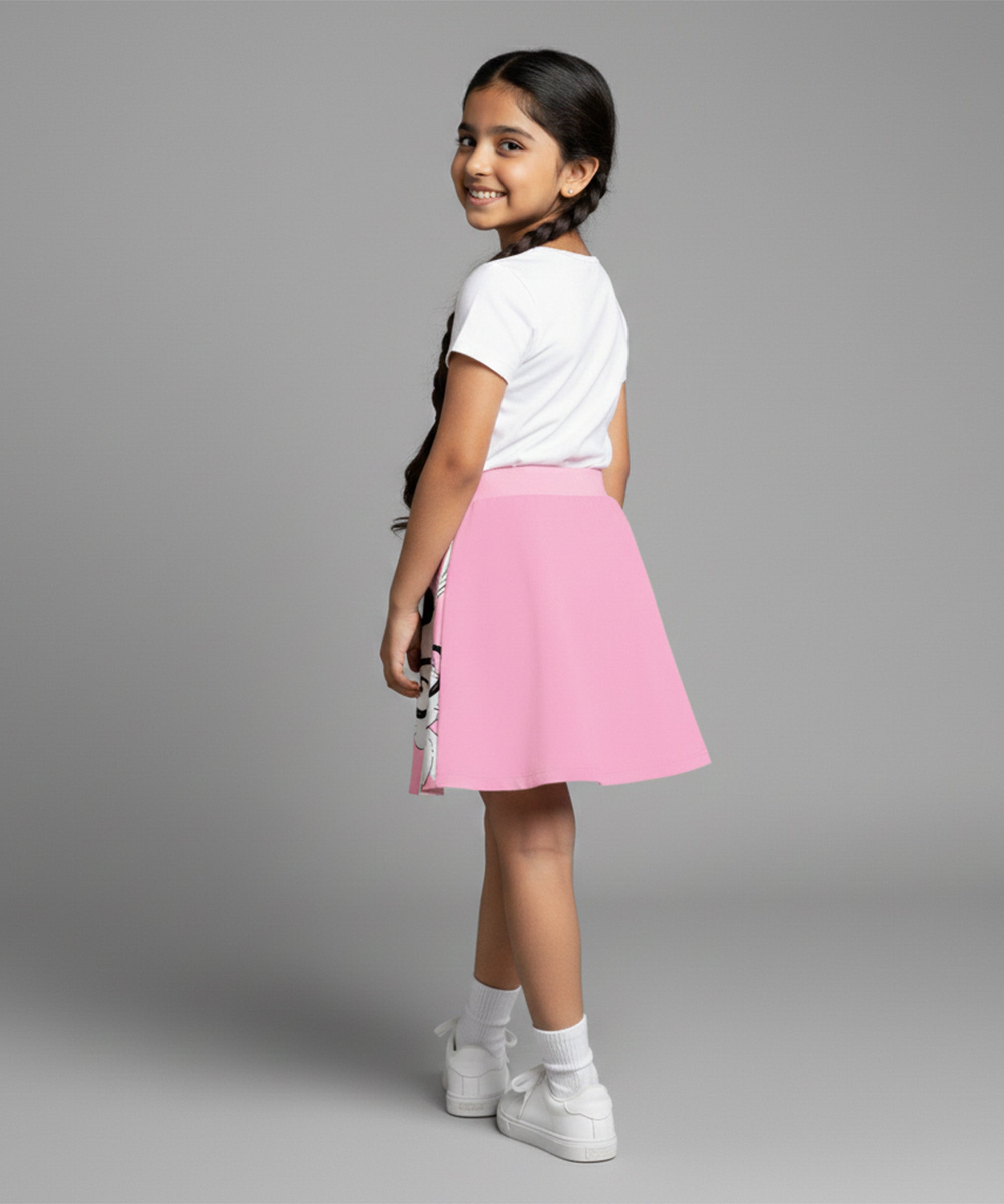 Girls Cotton Printed Skirt Attached With Inner Lycra Shorts-Baby Pink
