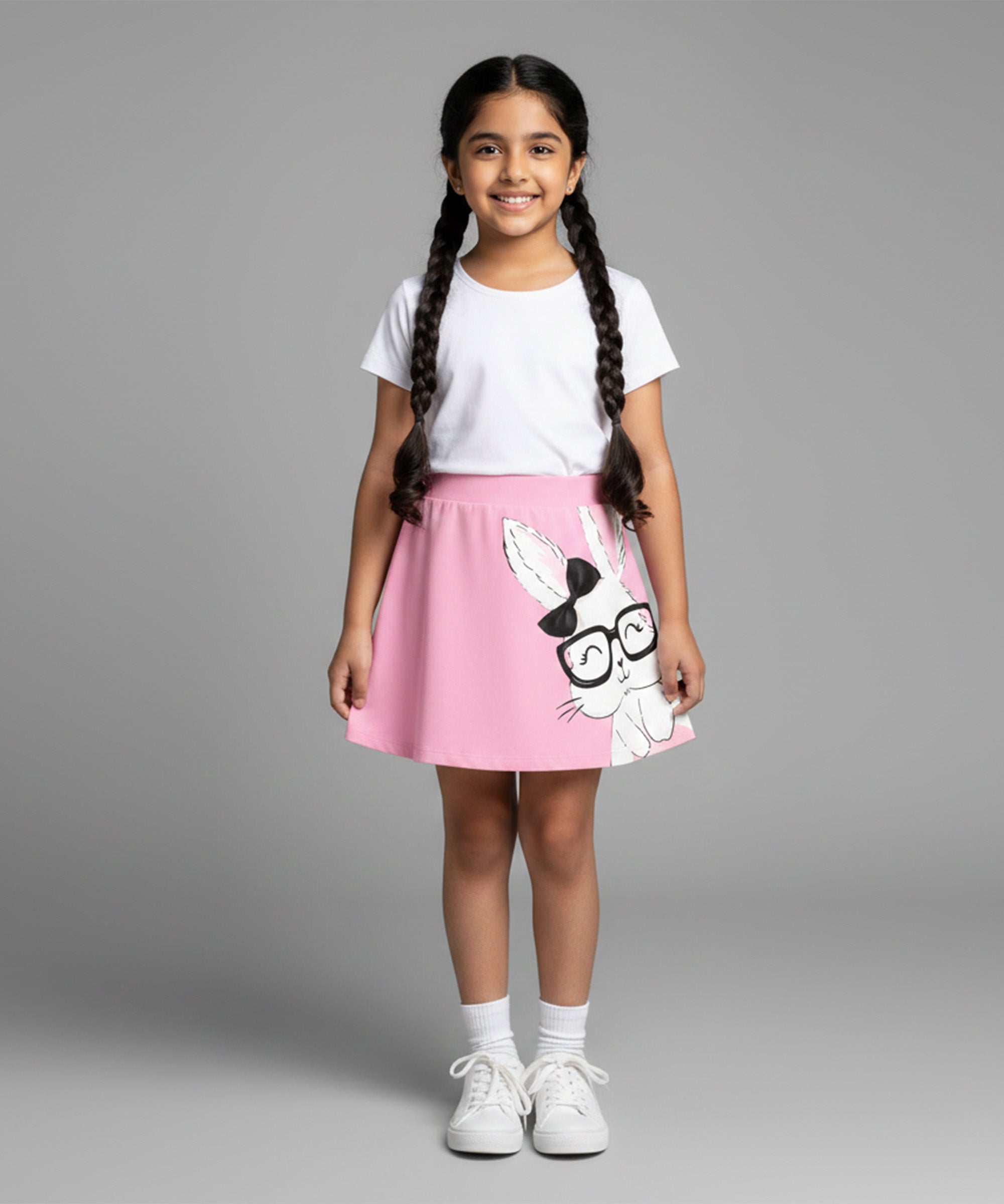 Girls Cotton Printed Skirt Attached With Inner Lycra Shorts-Baby Pink