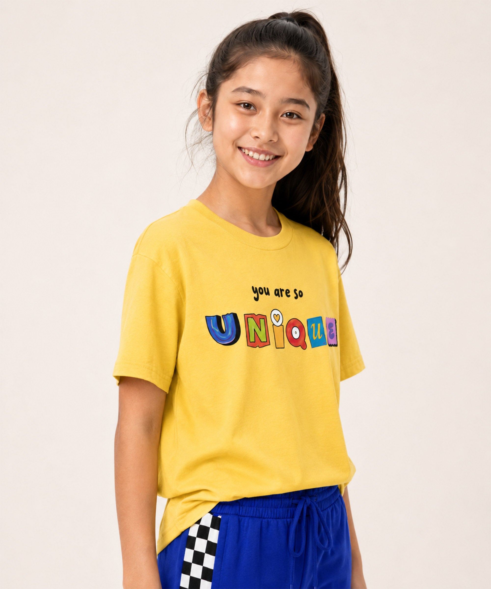 Girls Premium Cotton Yellow Graphic T-Shirt & Royal Blue Side Stripe Pants Set | Regular Fit