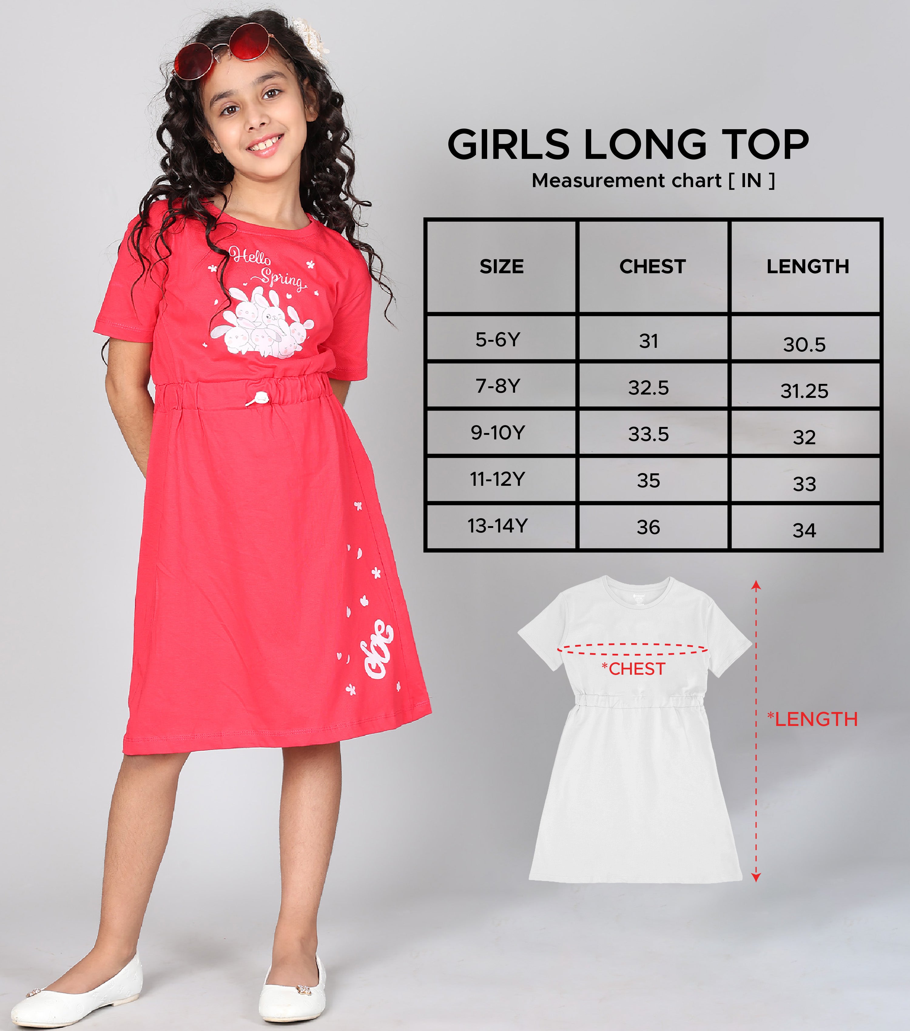 100% Pure Cotton Printed Round Neck Regular fit Short Sleeve Long Top for Girls-Red