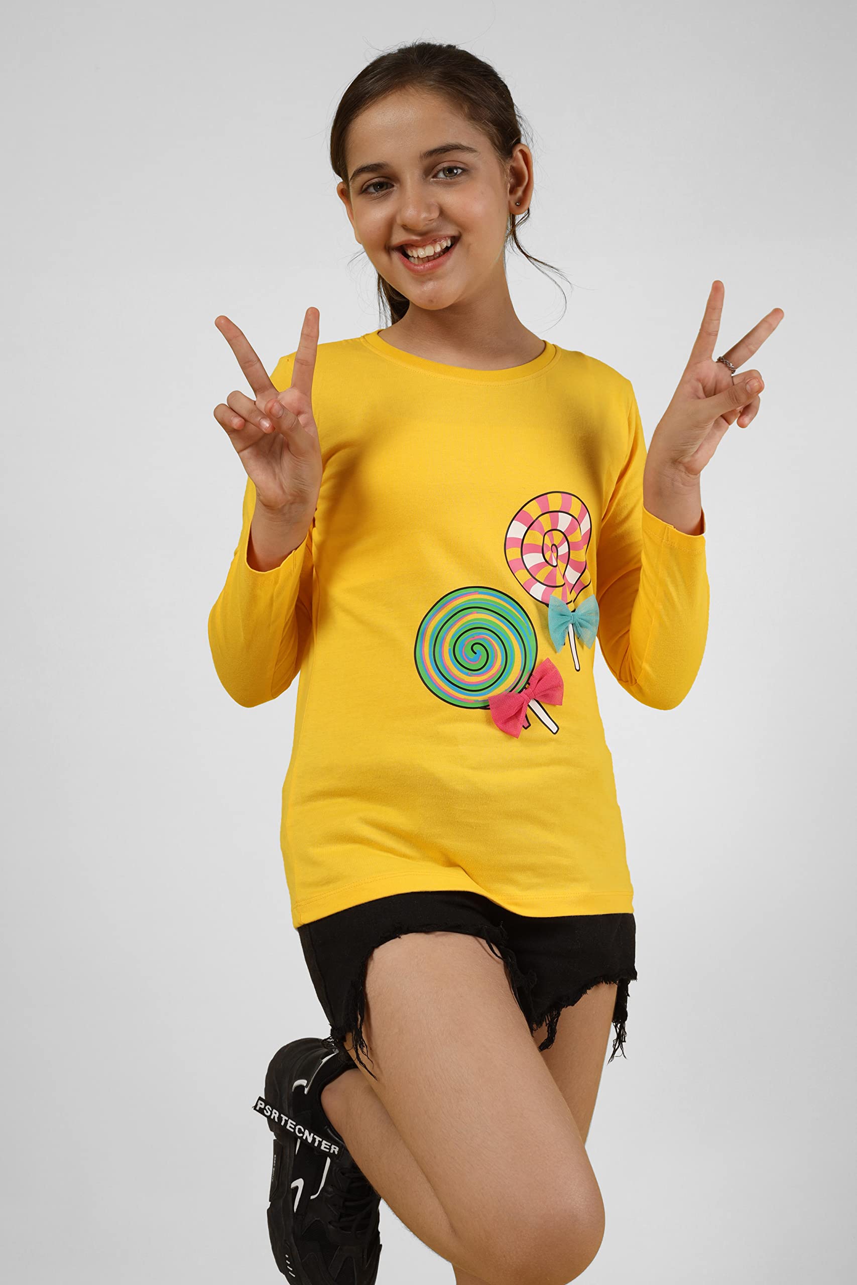 Girls Cotton Printed Full Sleeve T-Shirt - Yellow (Pack of 3)