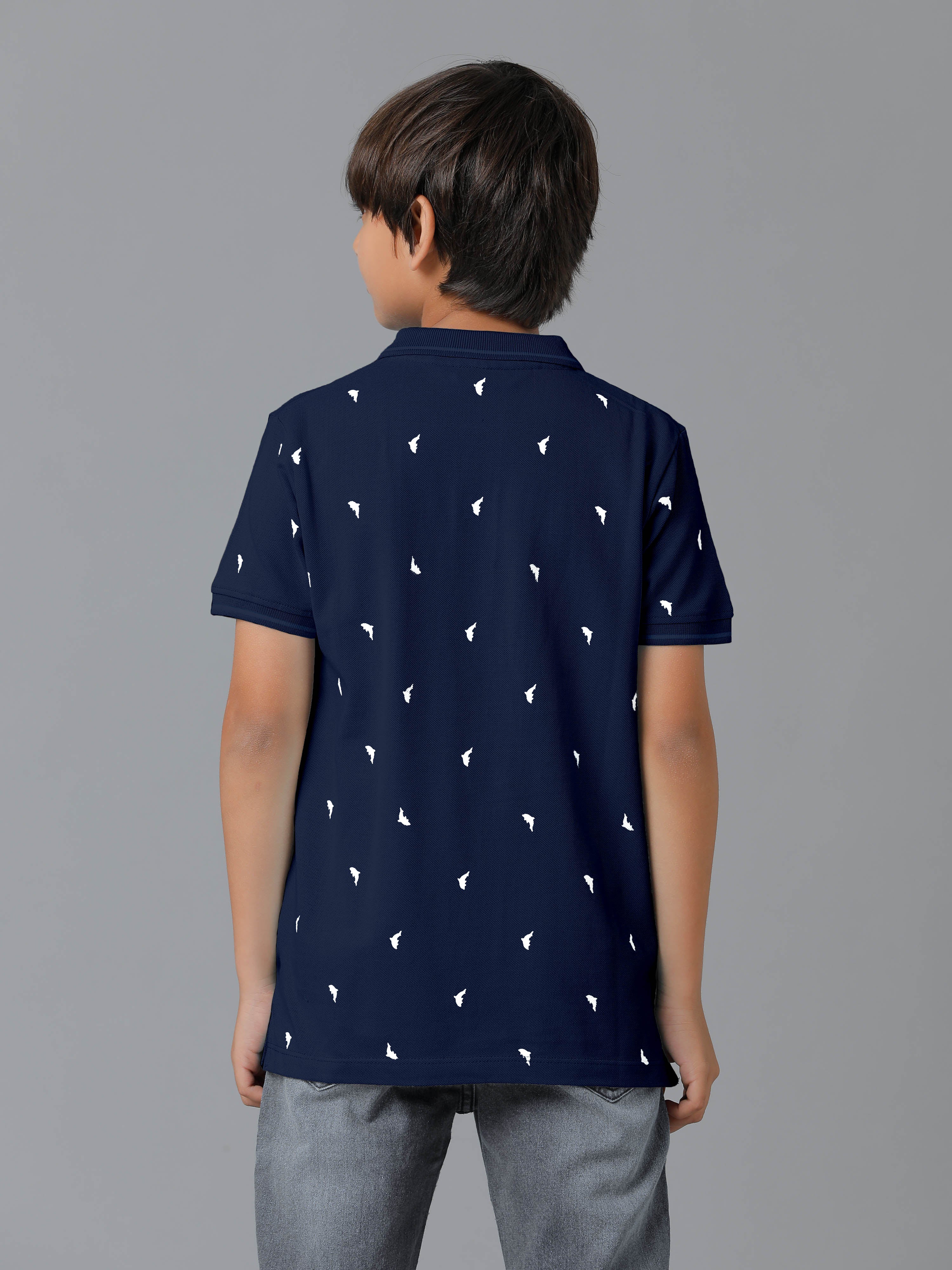 Boys Cotton Printed Regular Fit Polo Navy T-Shirts