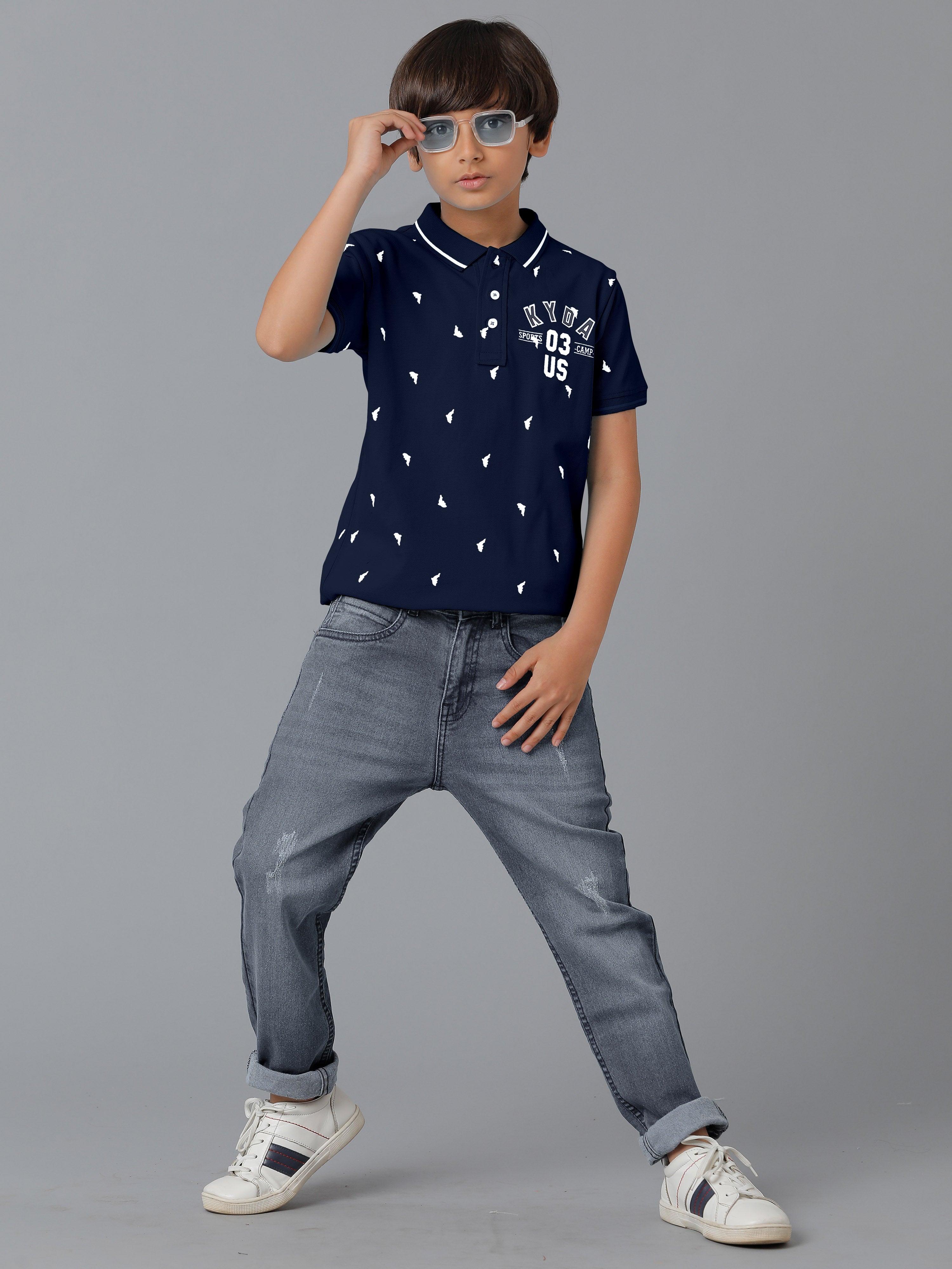 Boys Cotton Printed Regular Fit Polo Navy T-Shirts