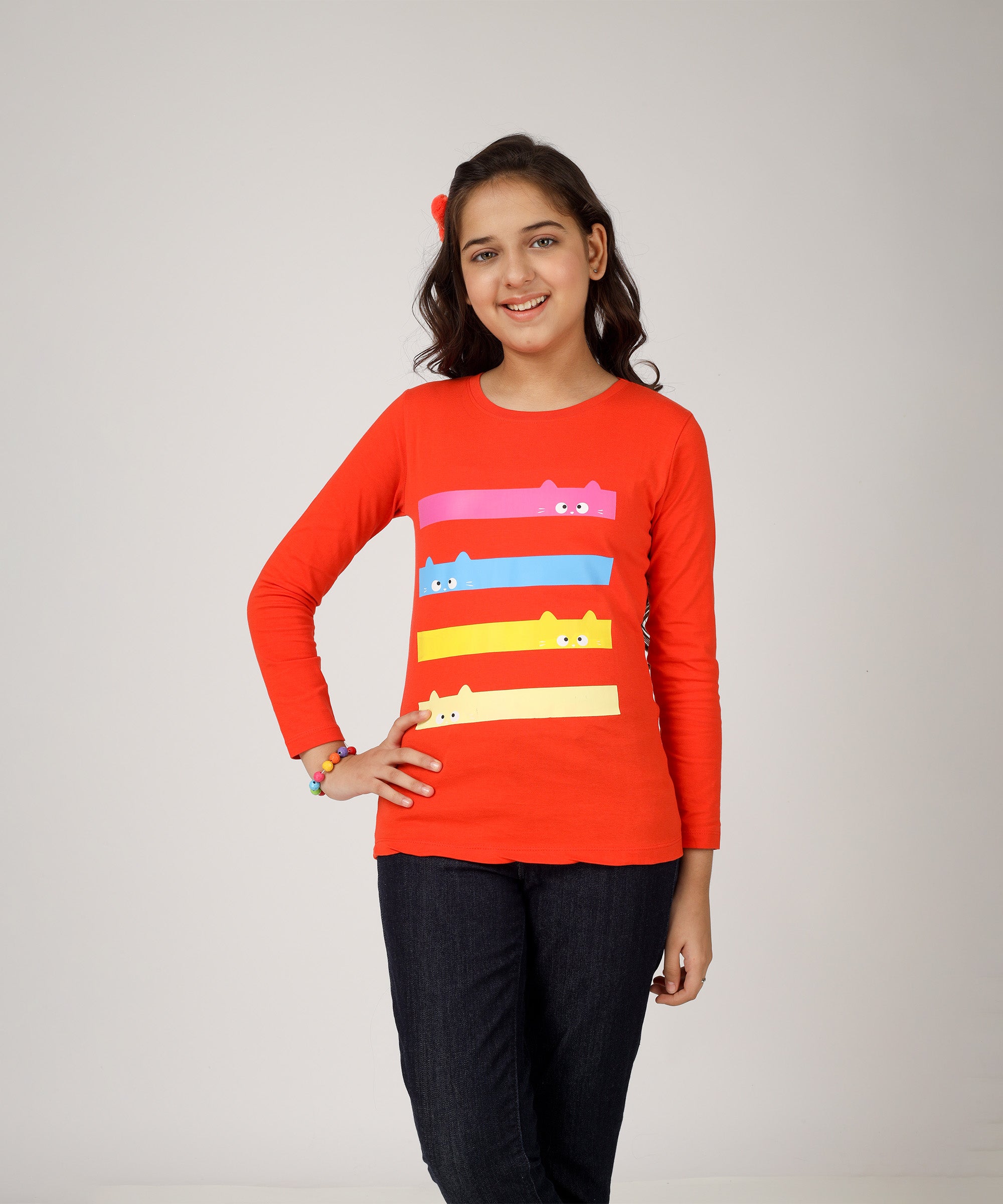Girls Printed Full Sleeve Premium T-shirt | Peach