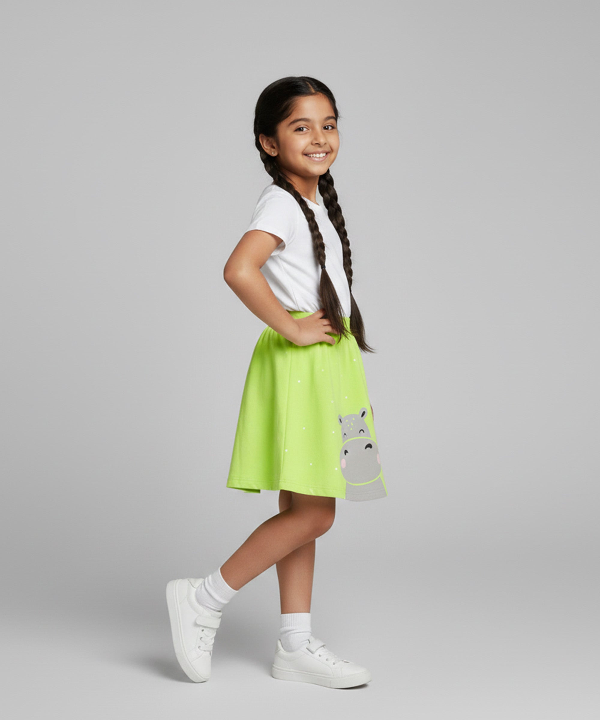 Girls Cotton Printed Skirt Attached With Inner Lycra Shorts-Neon