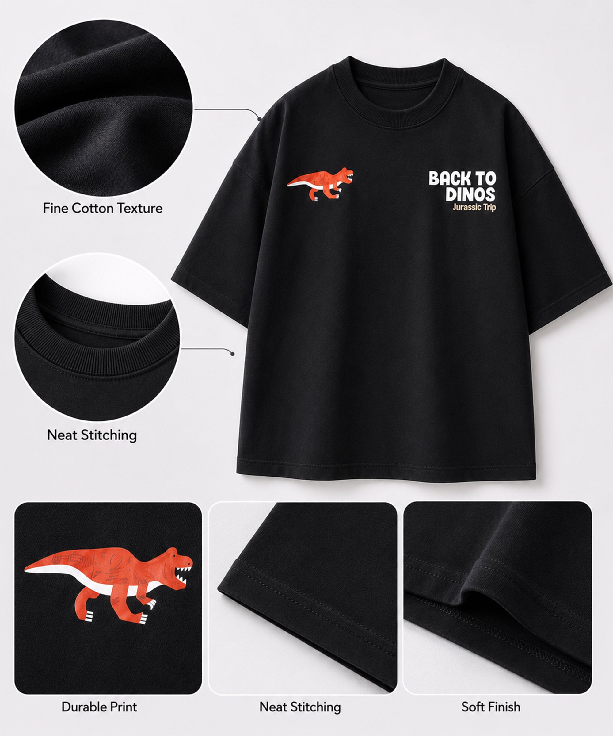 Boys Premium Cotton Oversized Printed T-Shirt | Dinos