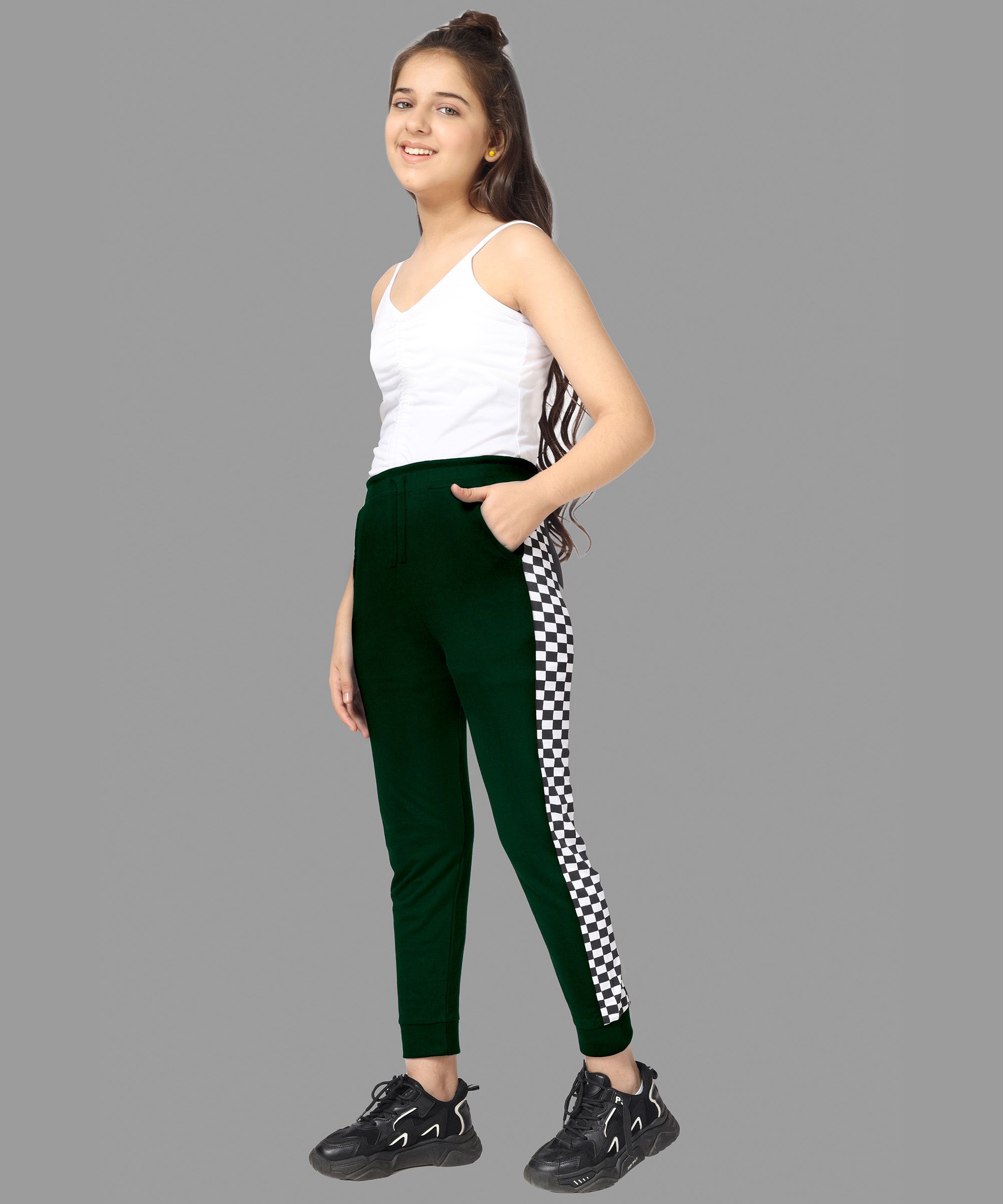 Girls Cotton Printed Track Pants with Pocket - Dark Green