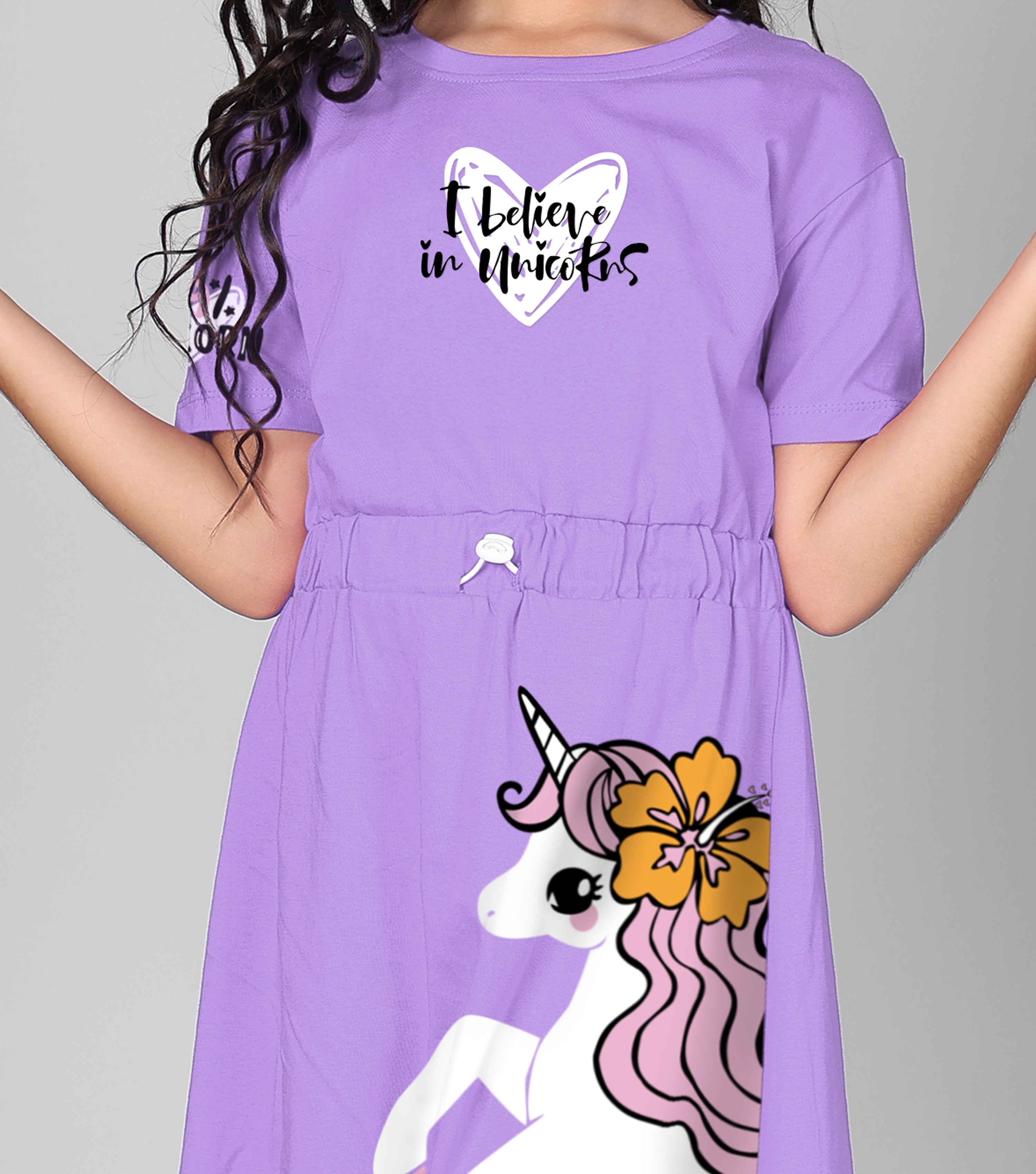 100% Pure Cotton Printed Round Neck Regular fit Short Sleeve Long Top for Girls-Lavender