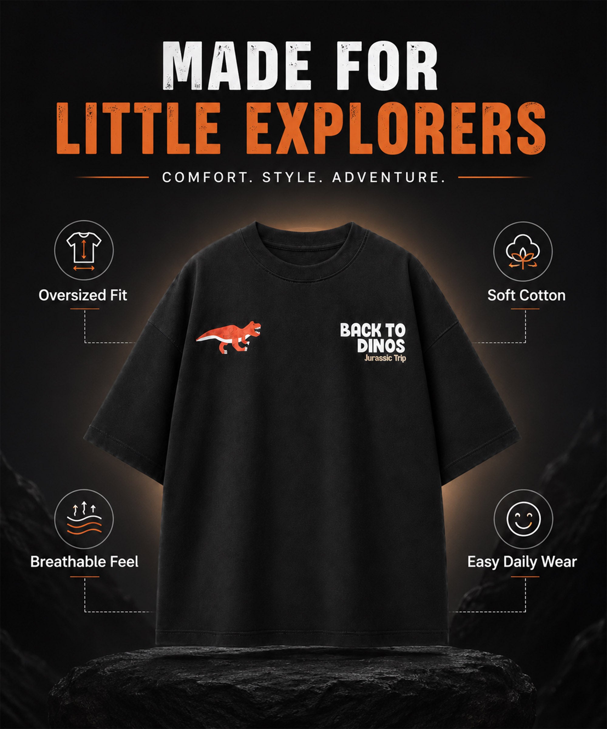 Boys Premium Cotton Oversized Printed T-Shirt | Dinos