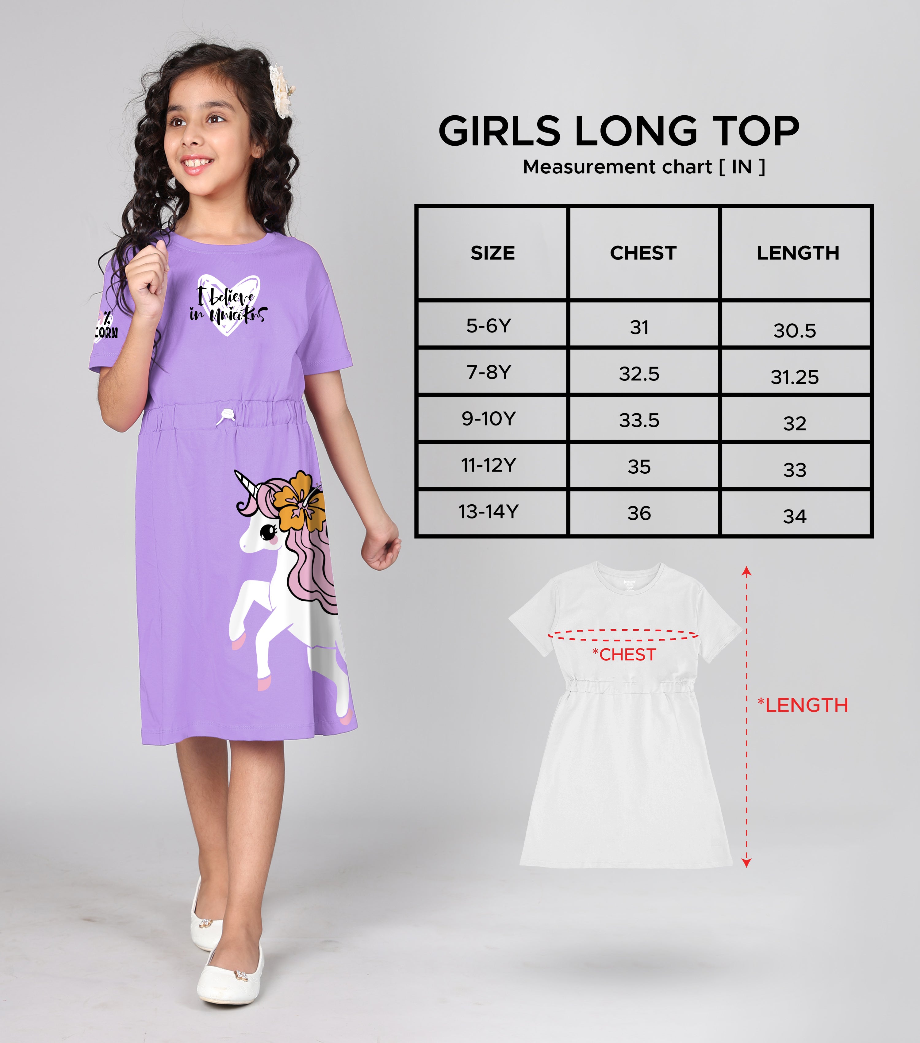 100% Pure Cotton Printed Round Neck Regular fit Short Sleeve Long Top for Girls-Lavender