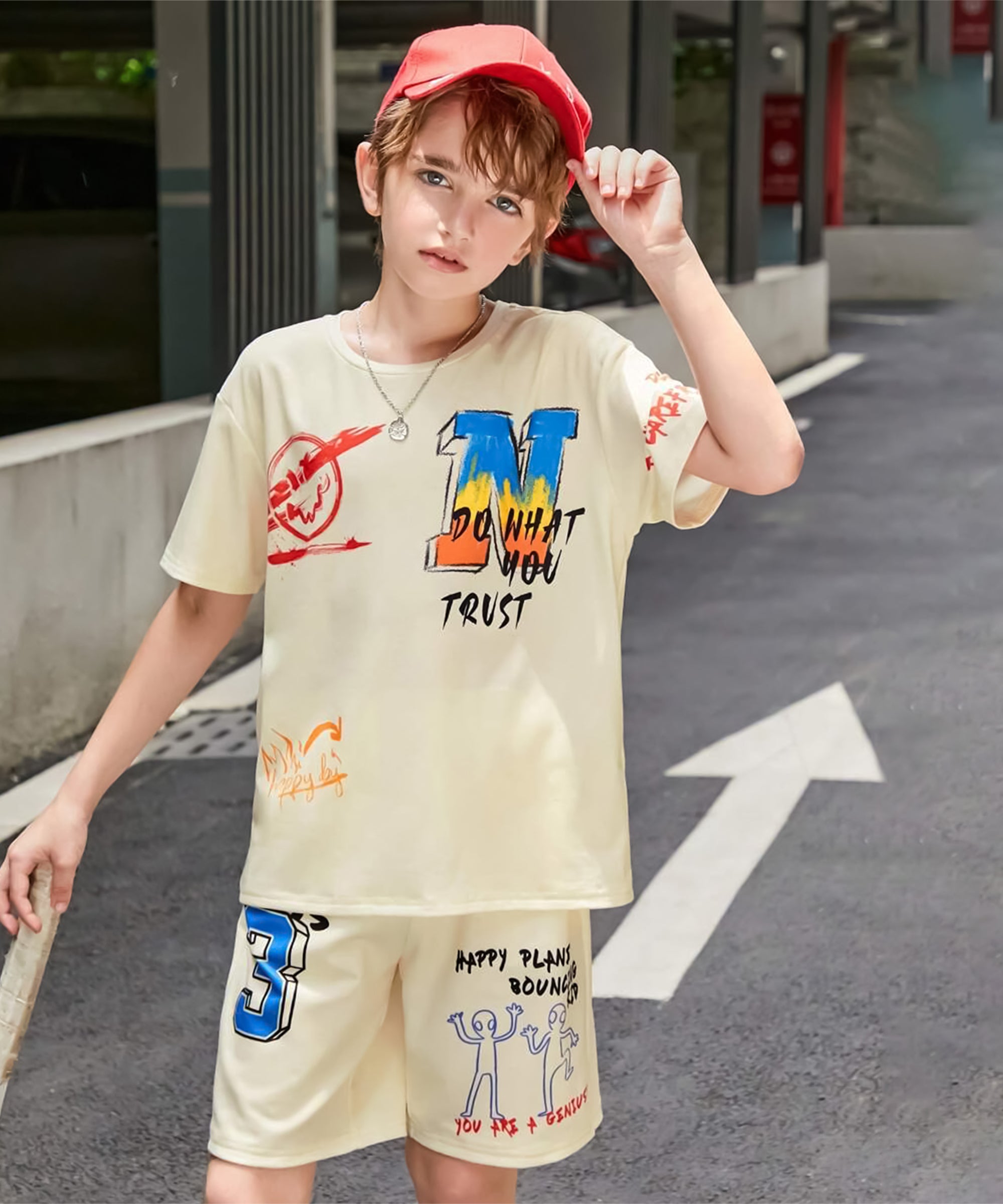 Boy's 100% Pure Cotton Premium Printed Cream Tshirt and Shorts Set
