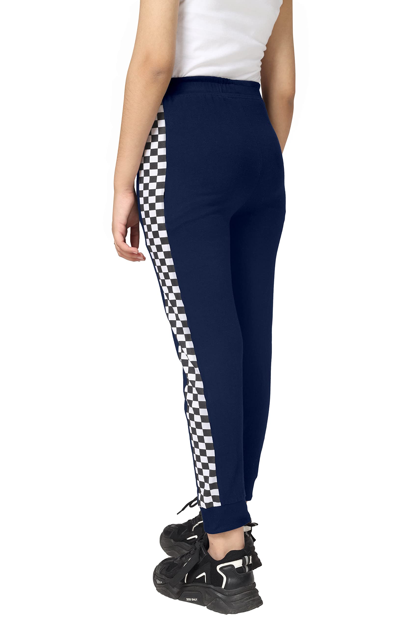 Girls Cotton Printed Track Pants with Pocket - Navy