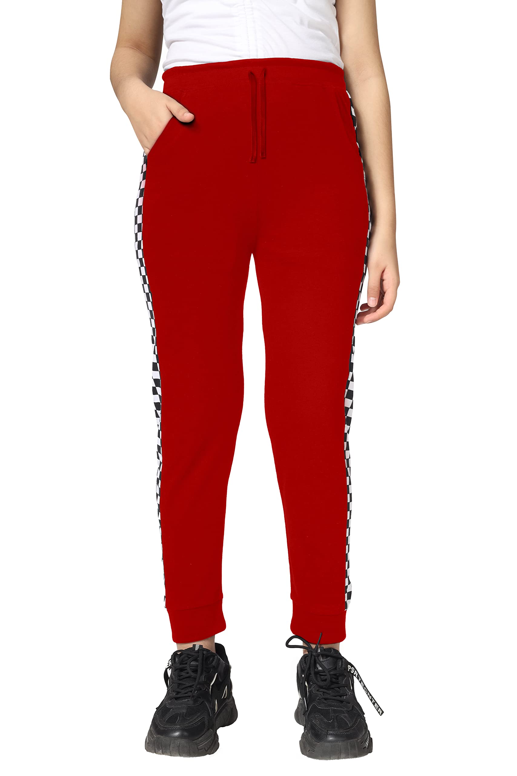 Girls Cotton Printed Track Pants with Pocket - Red