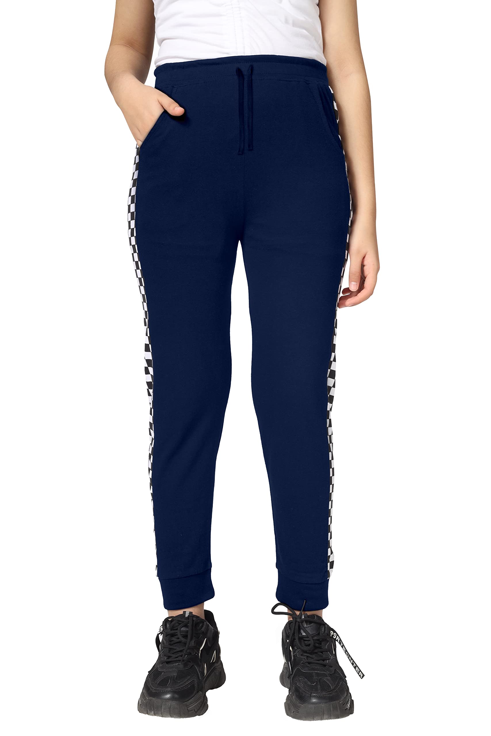 Girls Cotton Printed Track Pants with Pocket - Navy