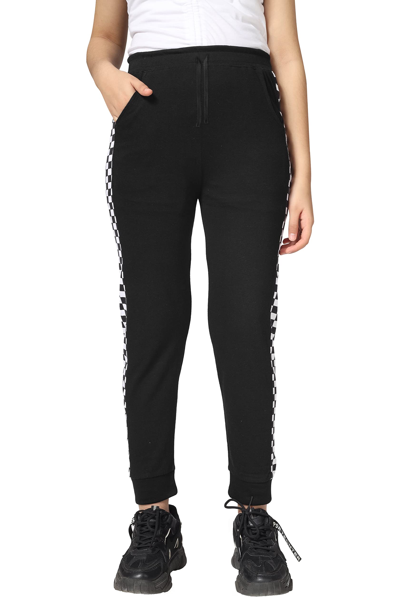 Girls Cotton Printed Track Pants with Pocket - Black