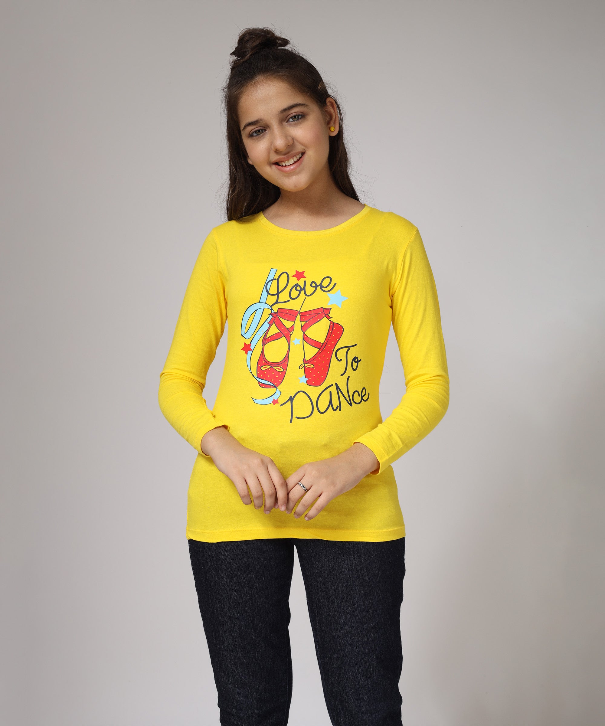 Girls Printed Full Sleeve Premium T-shirt | Yellow