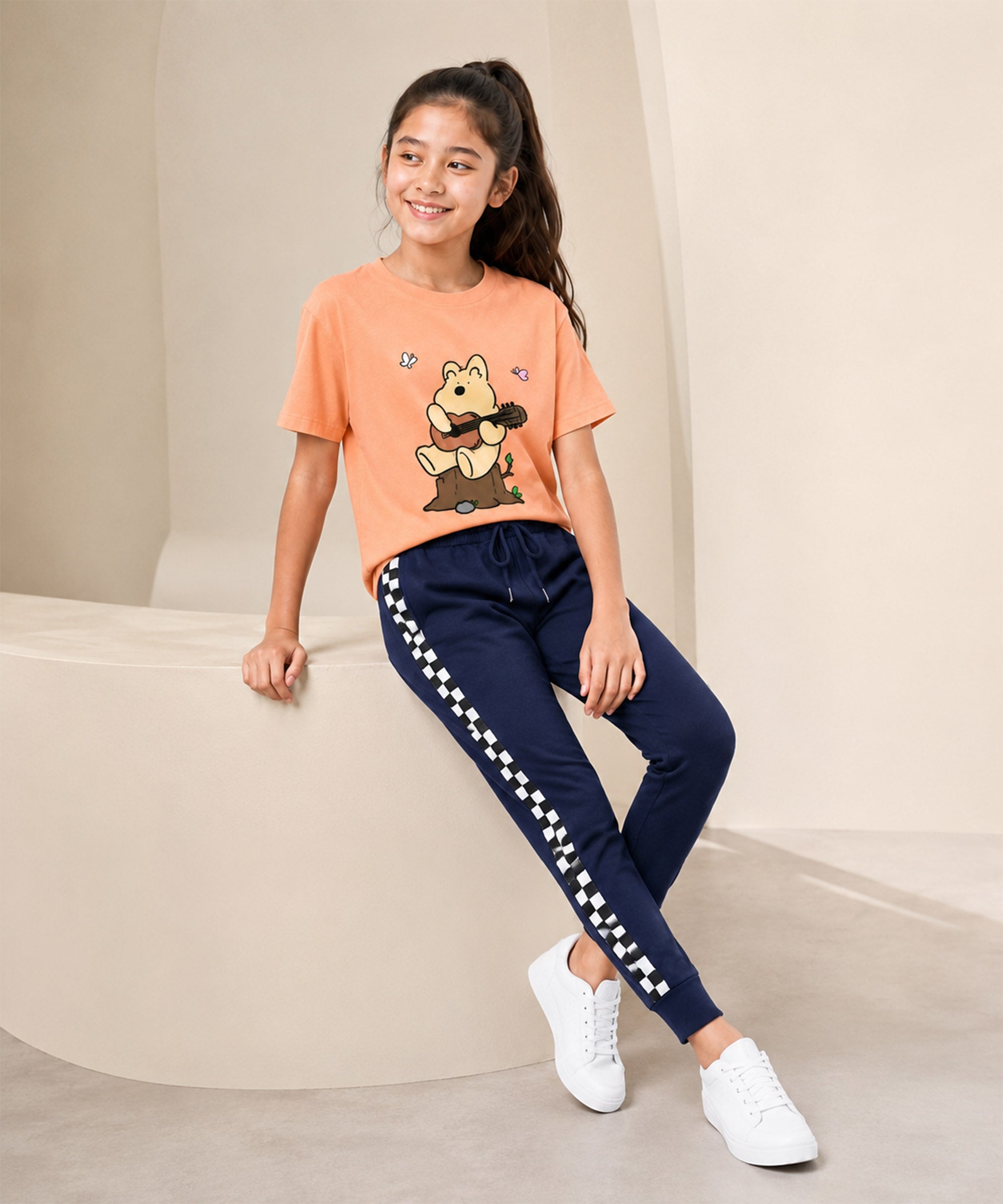 Girls Premium Cotton Peach Graphic T-Shirt & Navy Blue Side Stripe Pants Set | Regular Fit
