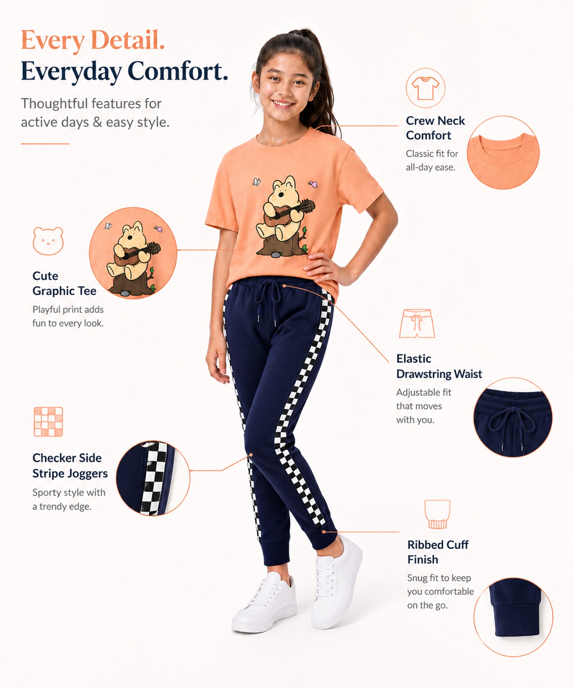 Girls Premium Cotton Peach Graphic T-Shirt & Navy Blue Side Stripe Pants Set | Regular Fit