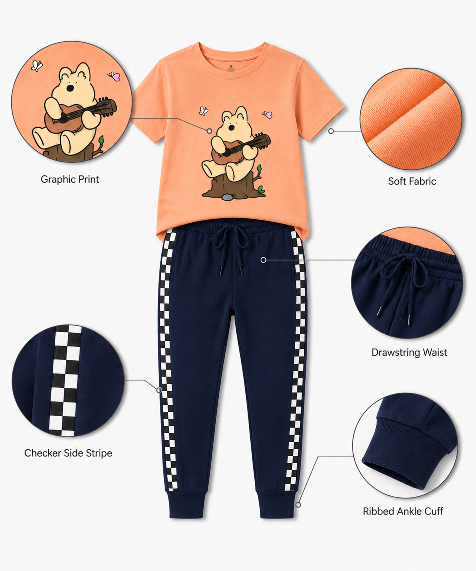 Girls Premium Cotton Peach Graphic T-Shirt & Navy Blue Side Stripe Pants Set | Regular Fit