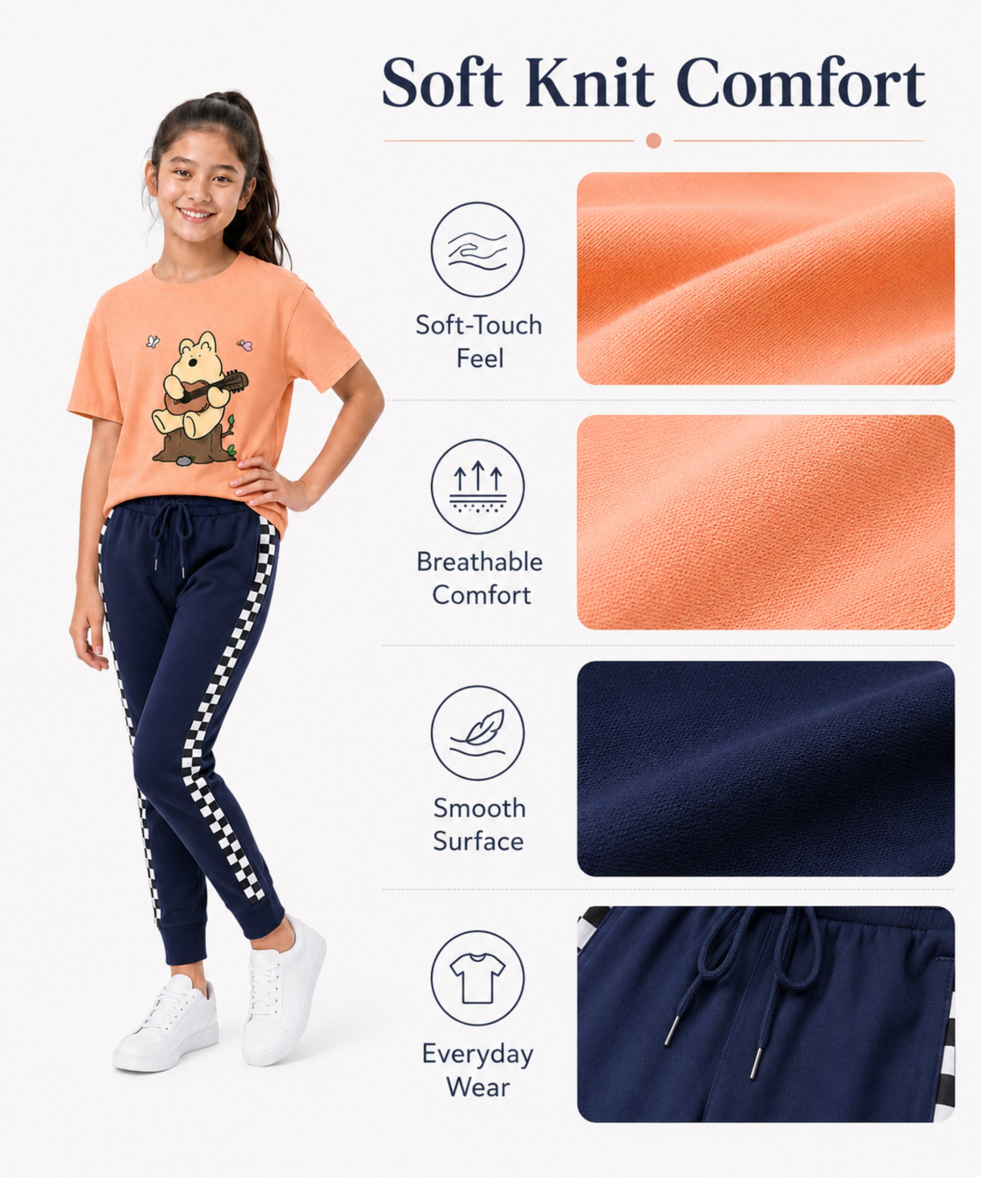 Girls Premium Cotton Peach Graphic T-Shirt & Navy Blue Side Stripe Pants Set | Regular Fit