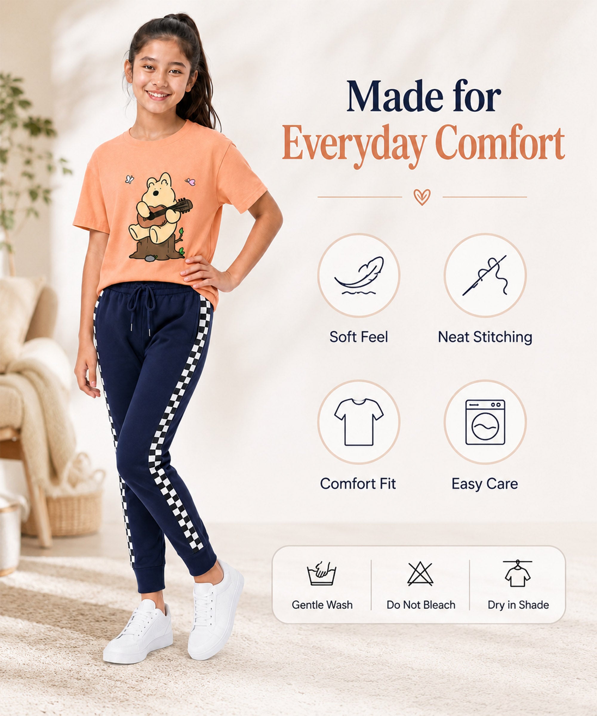 Girls Premium Cotton Peach Graphic T-Shirt & Navy Blue Side Stripe Pants Set | Regular Fit