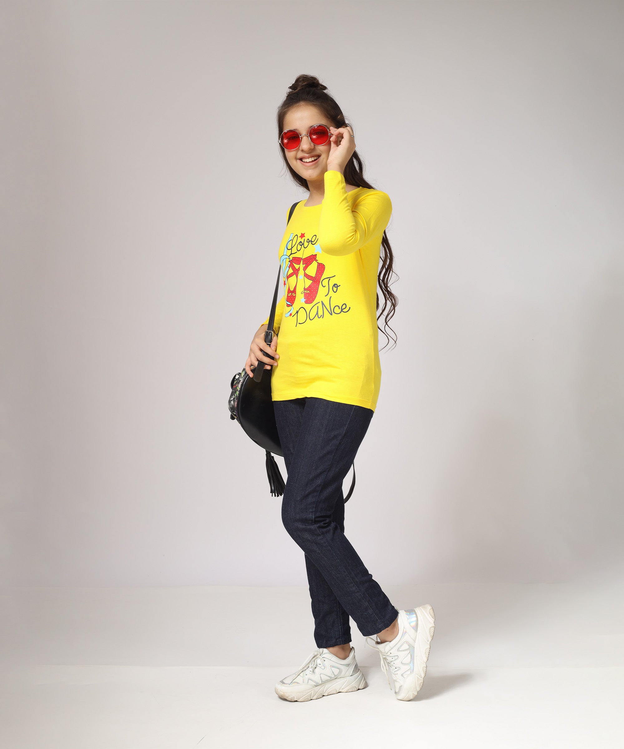 Girls Printed Full Sleeve Premium T-shirt | Yellow