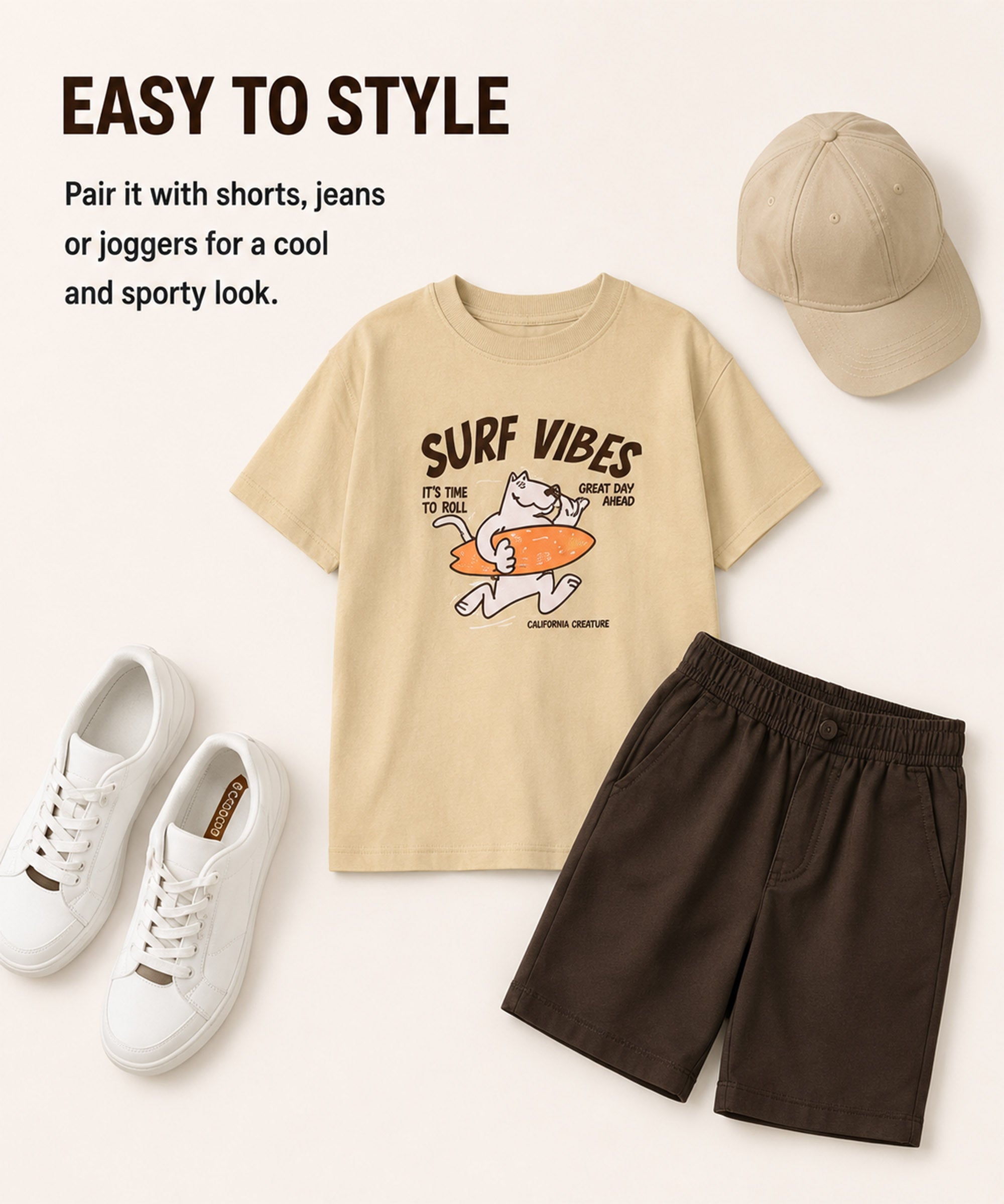 Boys Premium Cotton Oversized Printed T-Shirt | Cream Beige