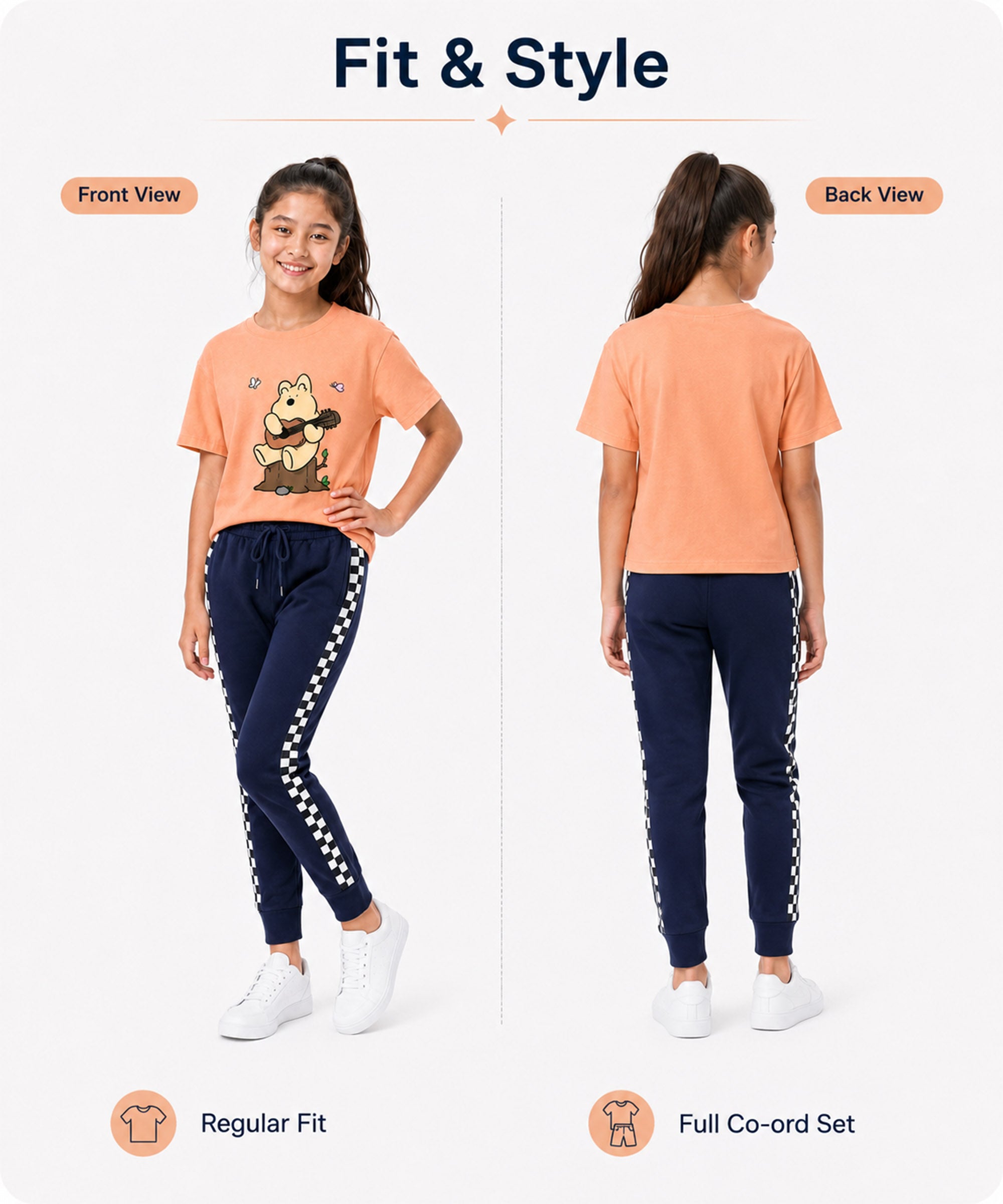 Girls Premium Cotton Peach Graphic T-Shirt & Navy Blue Side Stripe Pants Set | Regular Fit