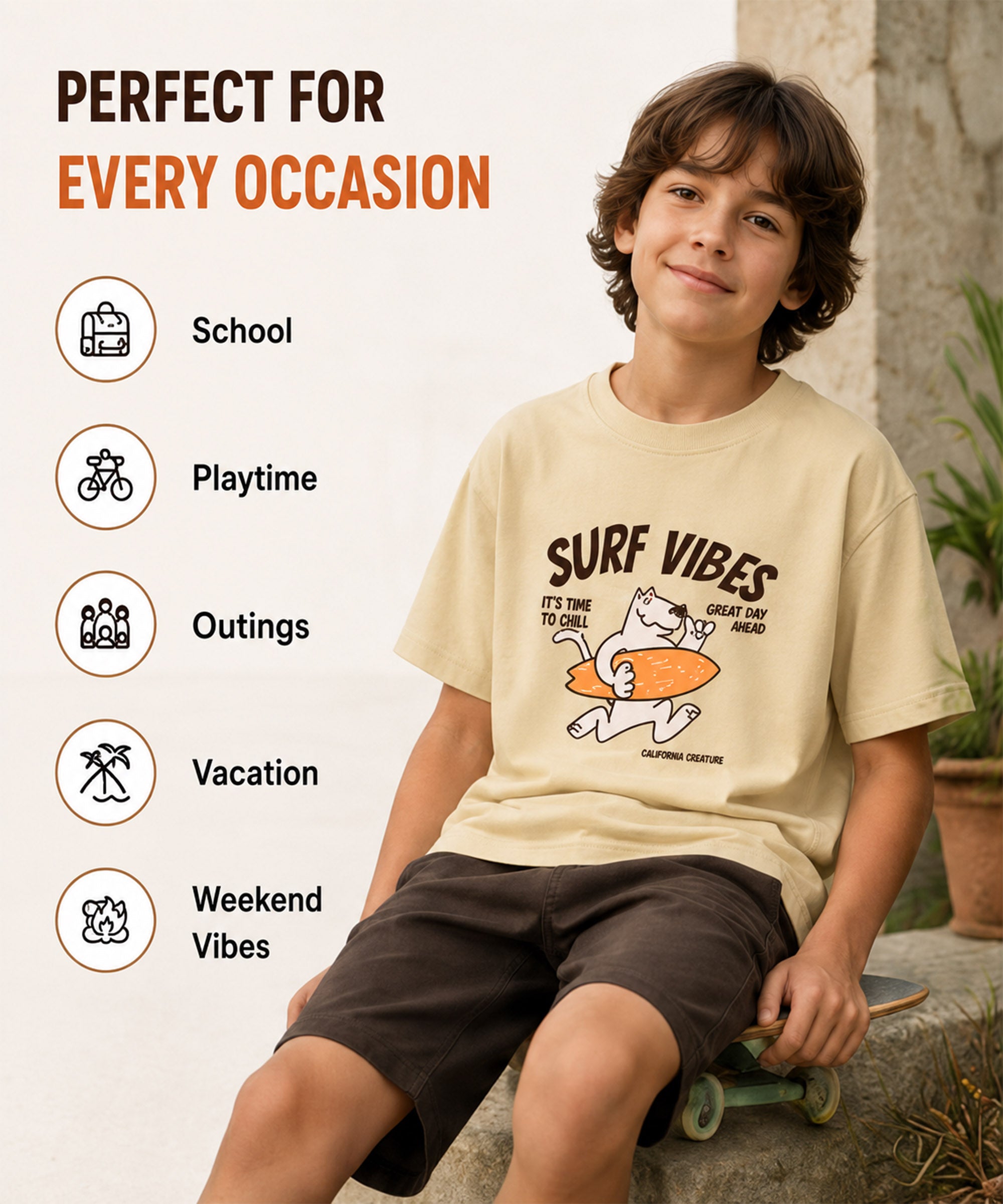 Boys Premium Cotton Oversized Printed T-Shirt | Cream Beige