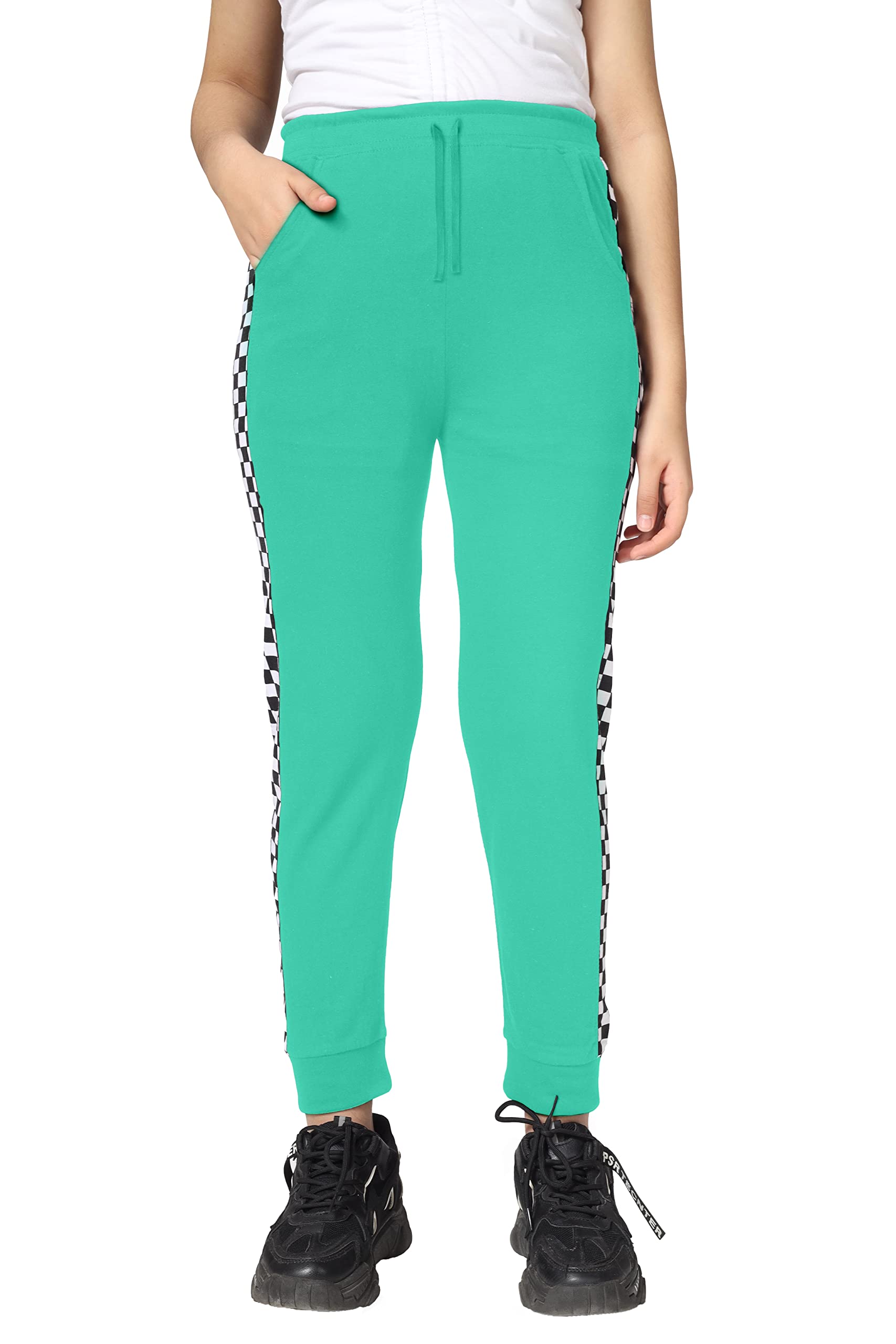 Girls Cotton Printed Track Pants with Pocket - Green