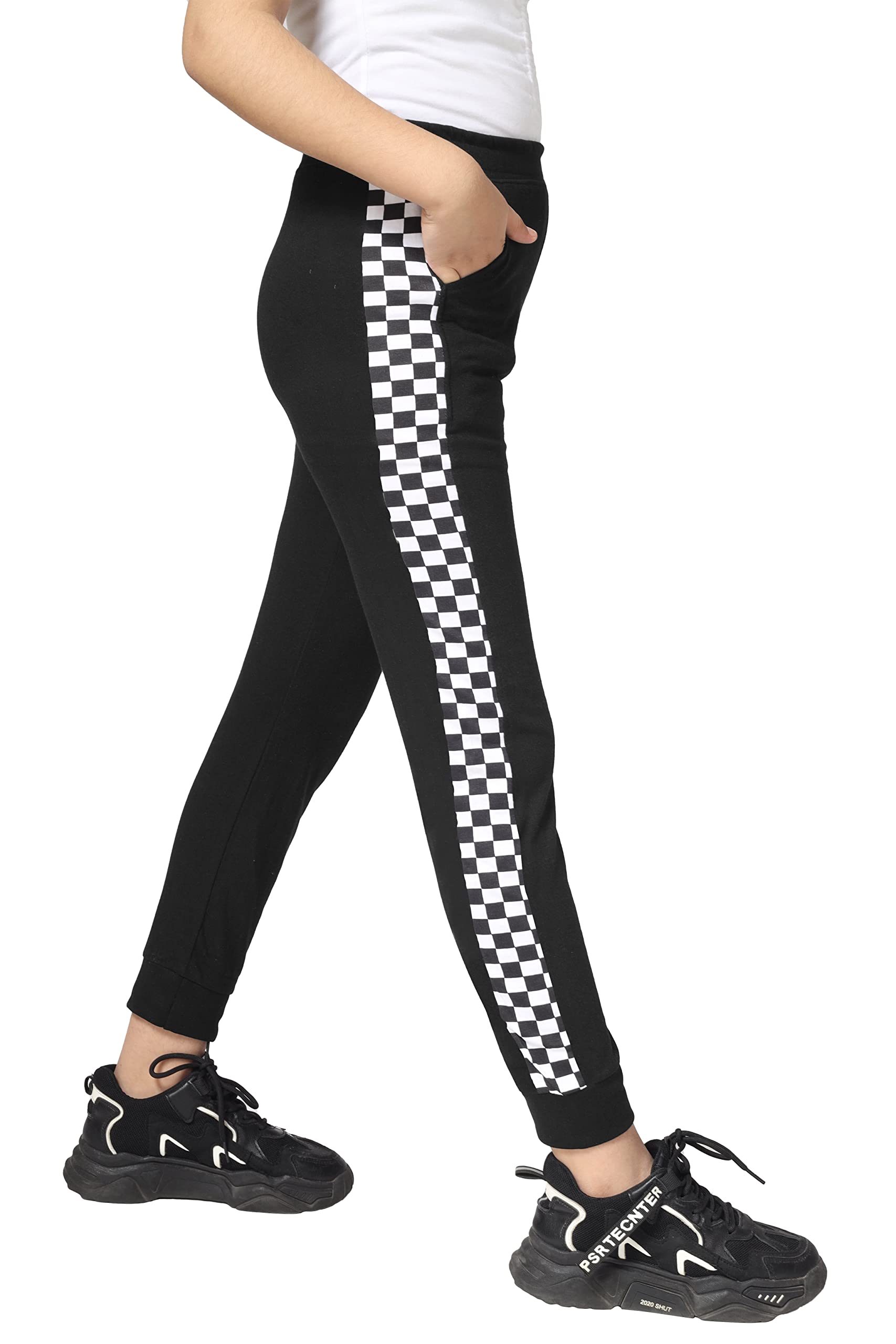 Girls Cotton Printed Track Pants with Pocket - Black