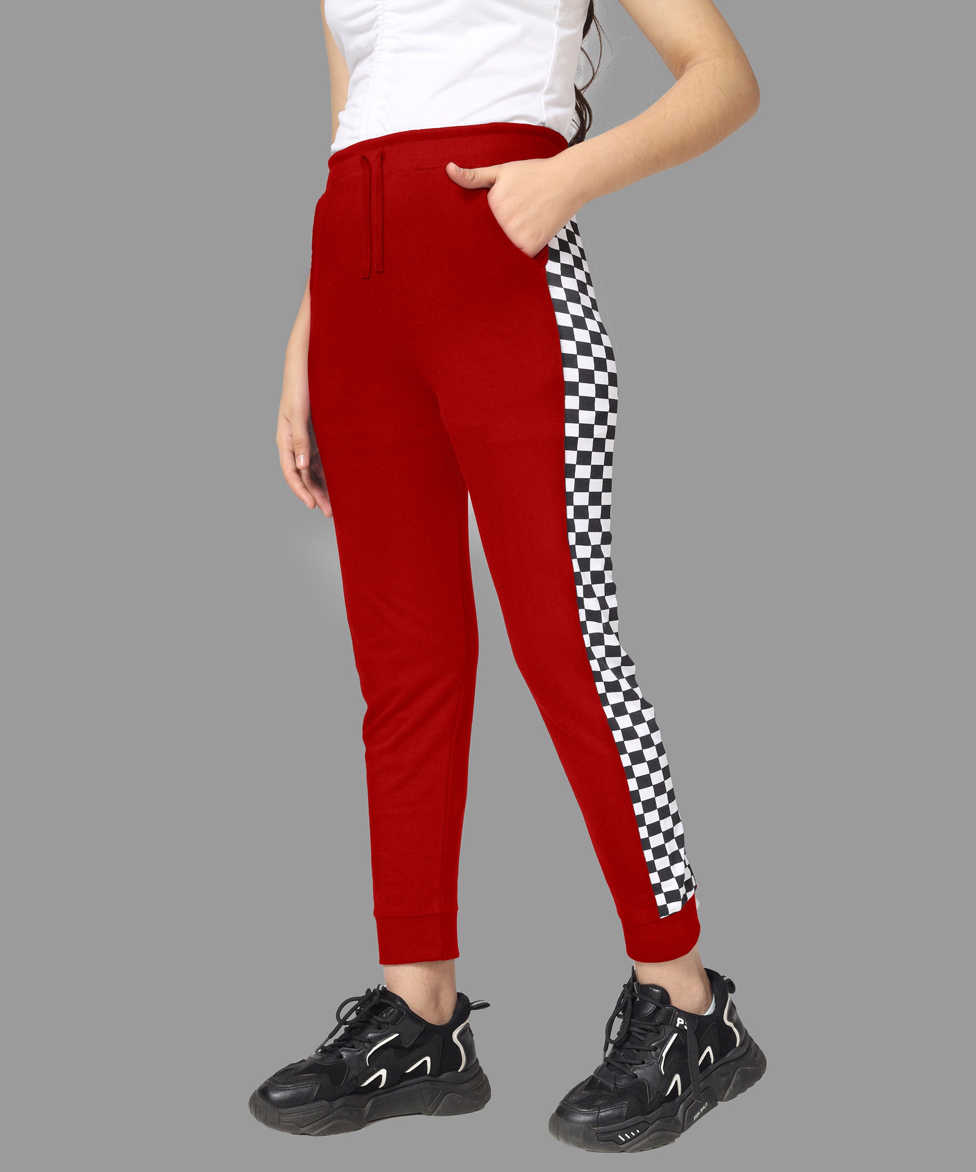 Girls Cotton Printed Track Pants with Pocket - Red