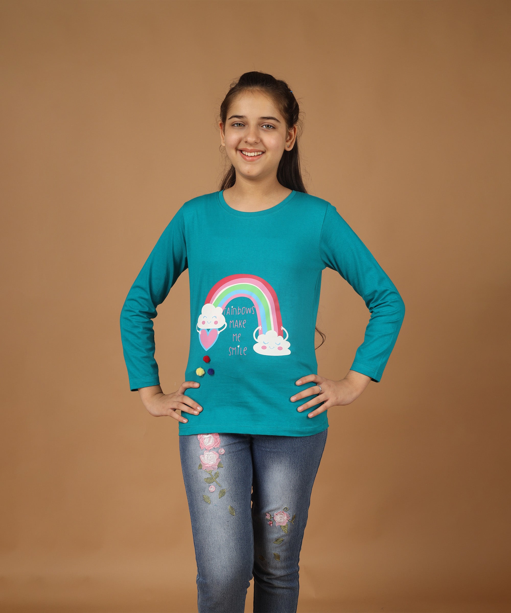 Girls Printed Full Sleeve Premium T-shirt | Teal