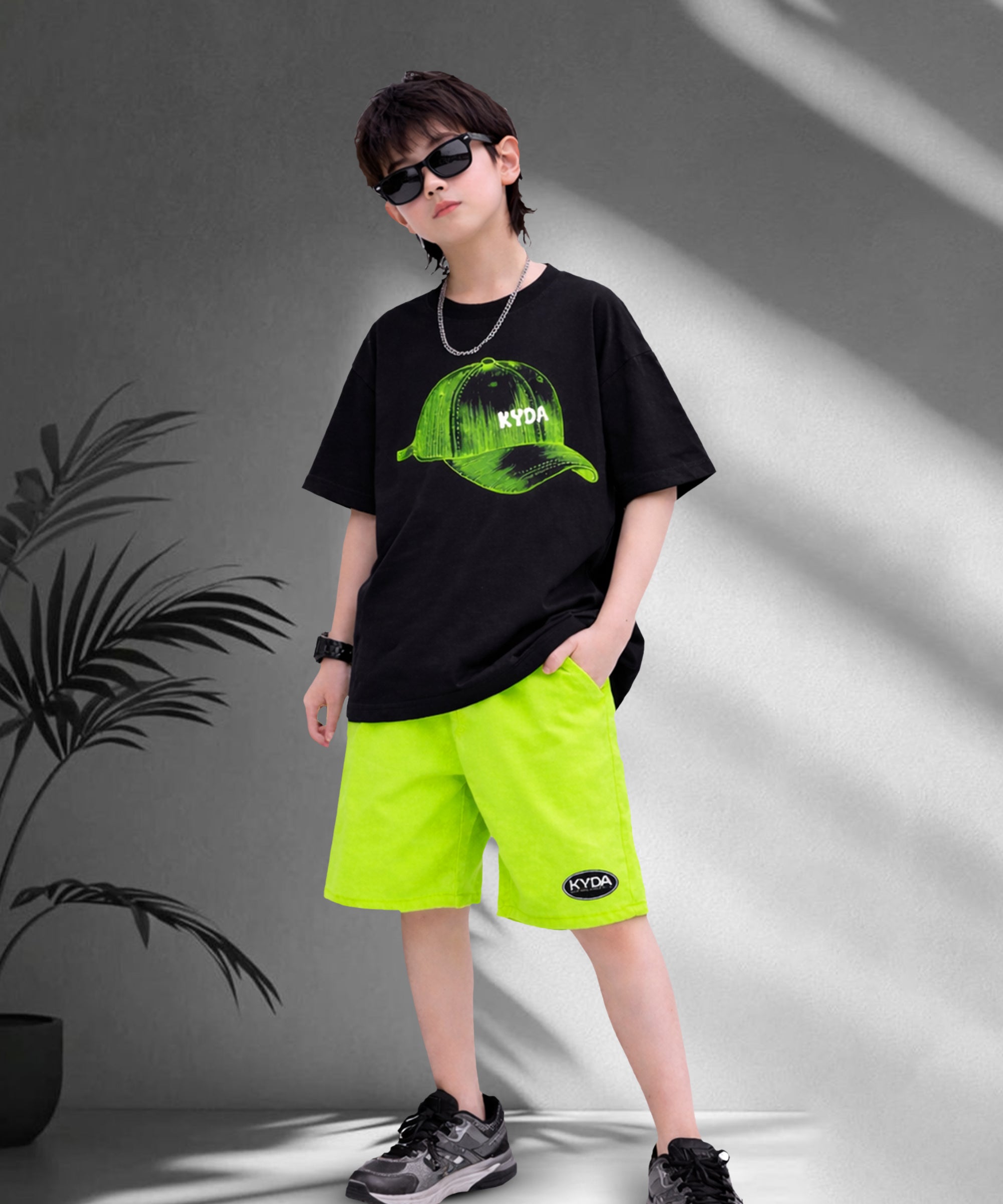 Boys Premium Cotton Cap Print Co-Ord Set | T-Shirt & Neon Green Shorts
