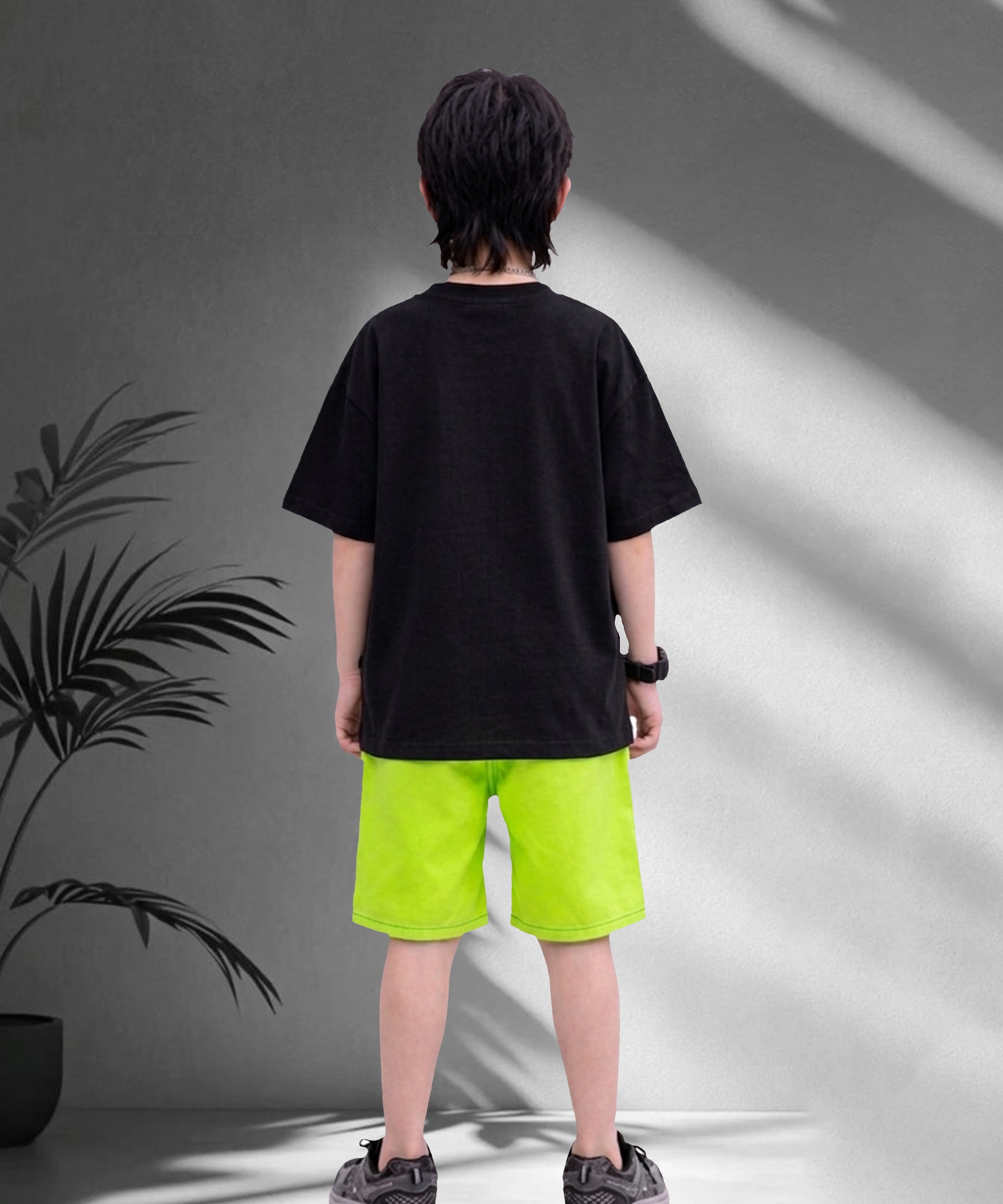 Boys Premium Cotton Cap Print Co-Ord Set | T-Shirt & Neon Green Shorts