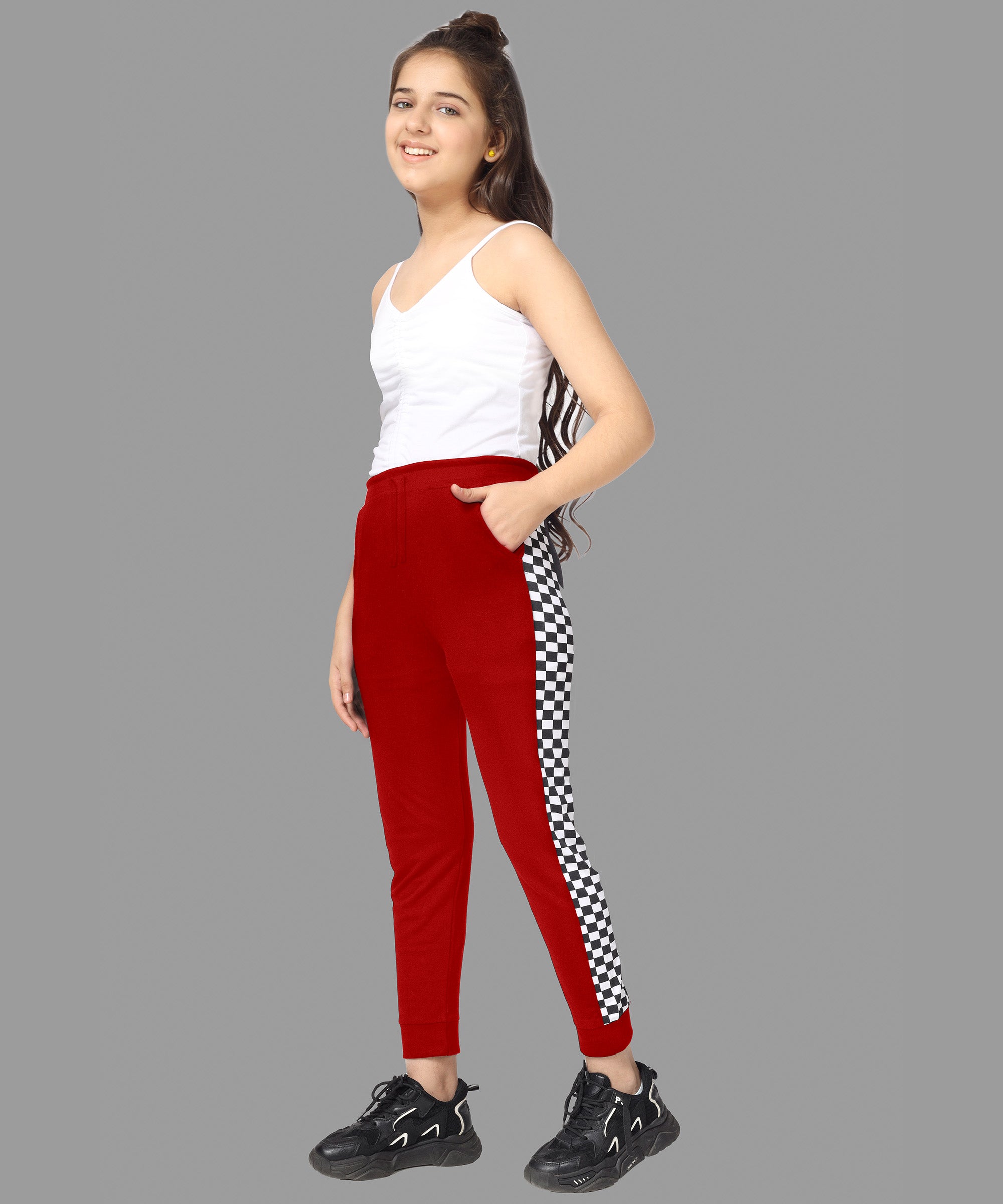 Girls Cotton Printed Track Pants with Pocket - Red