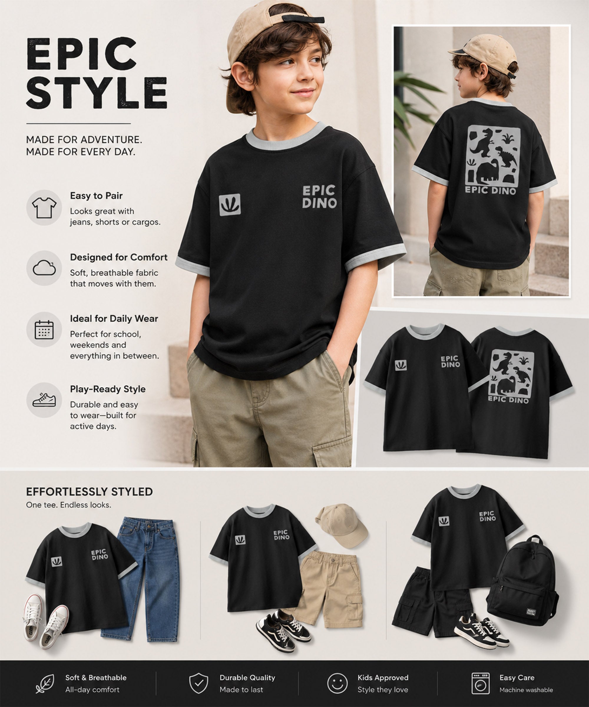 Boys Premium Cotton Oversized Printed T-Shirt | Epic Dino