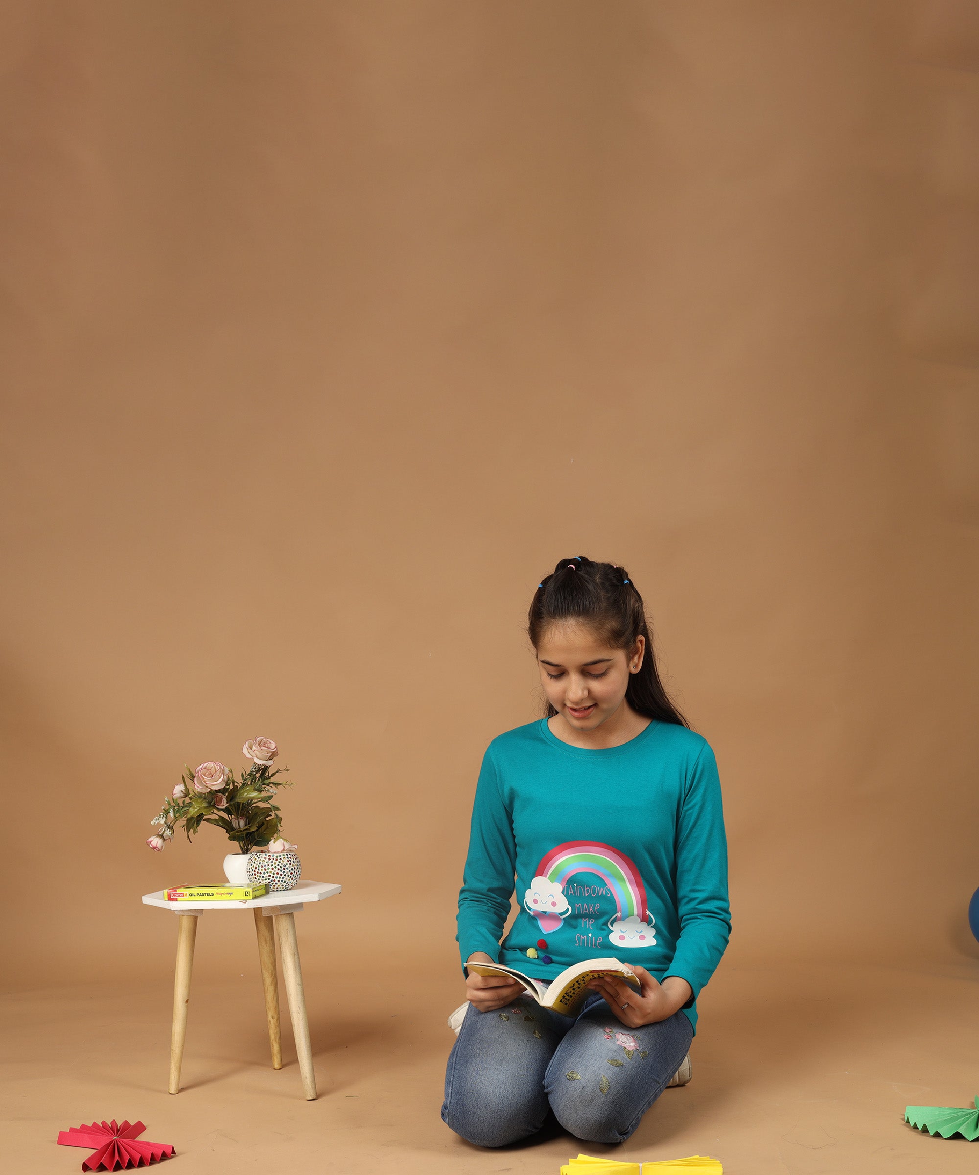 Girls Printed Full Sleeve Premium T-shirt | Teal