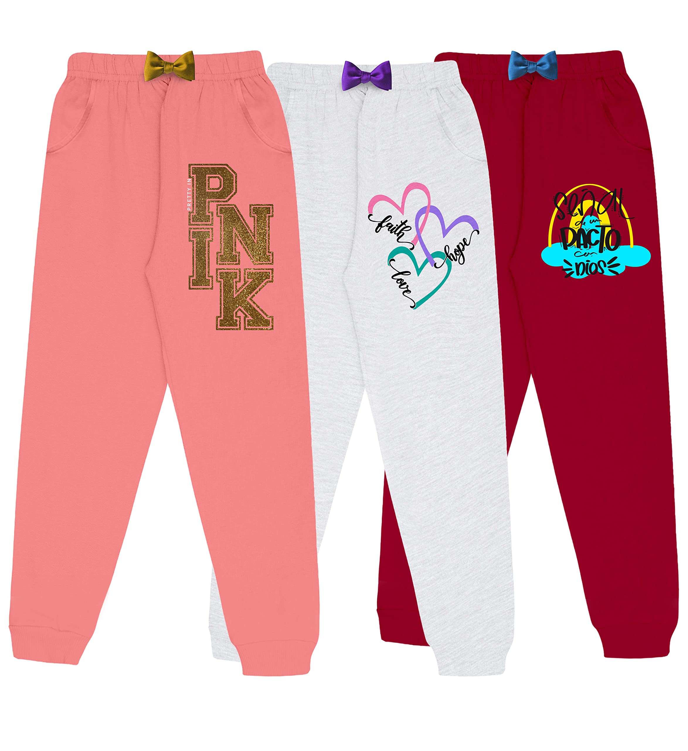 Girls Cotton Printed Track Pants with Pocket C1 - Multicolor (Pack of 3)