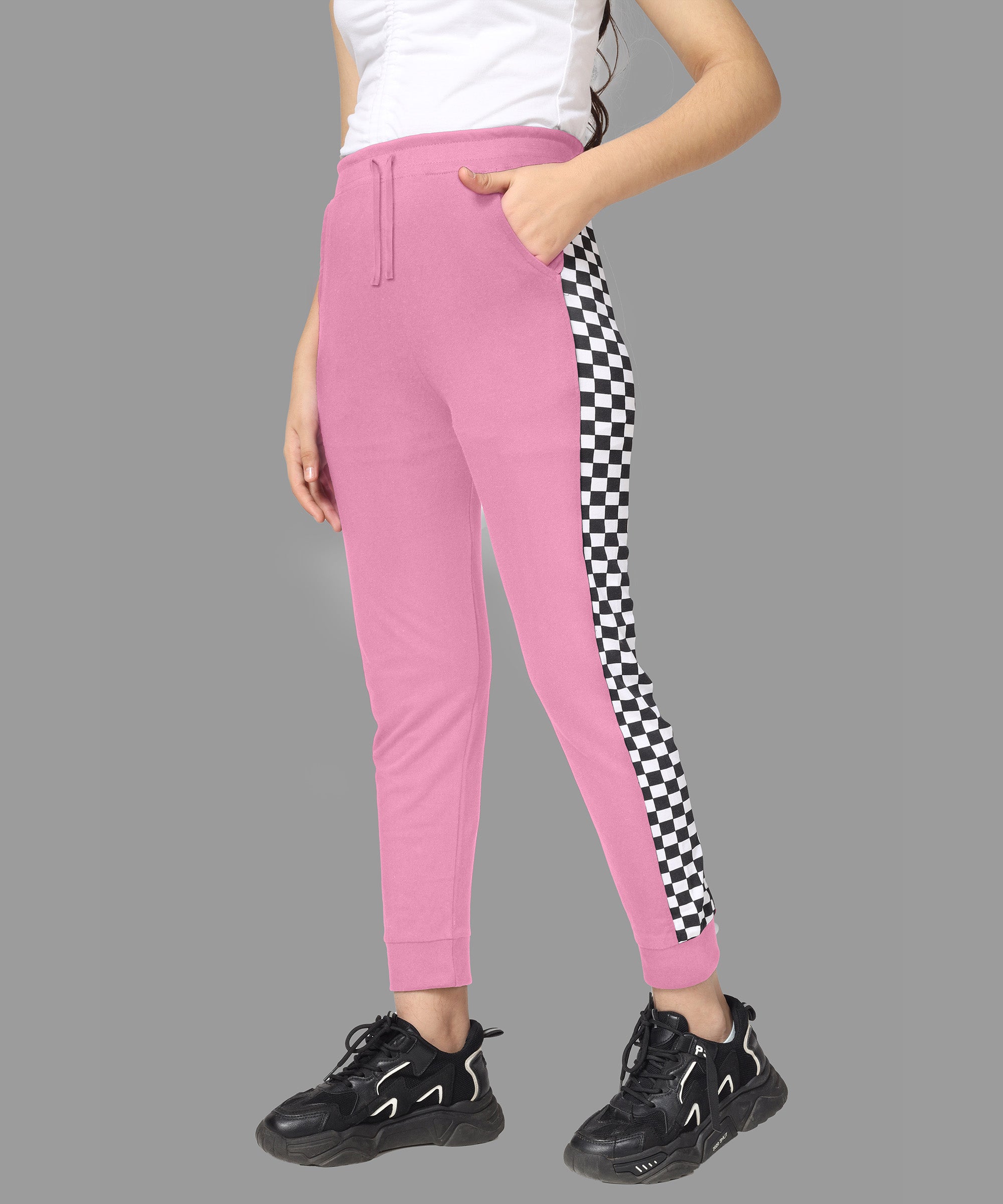 Girls Cotton Printed Track Pants with Pocket - Pink