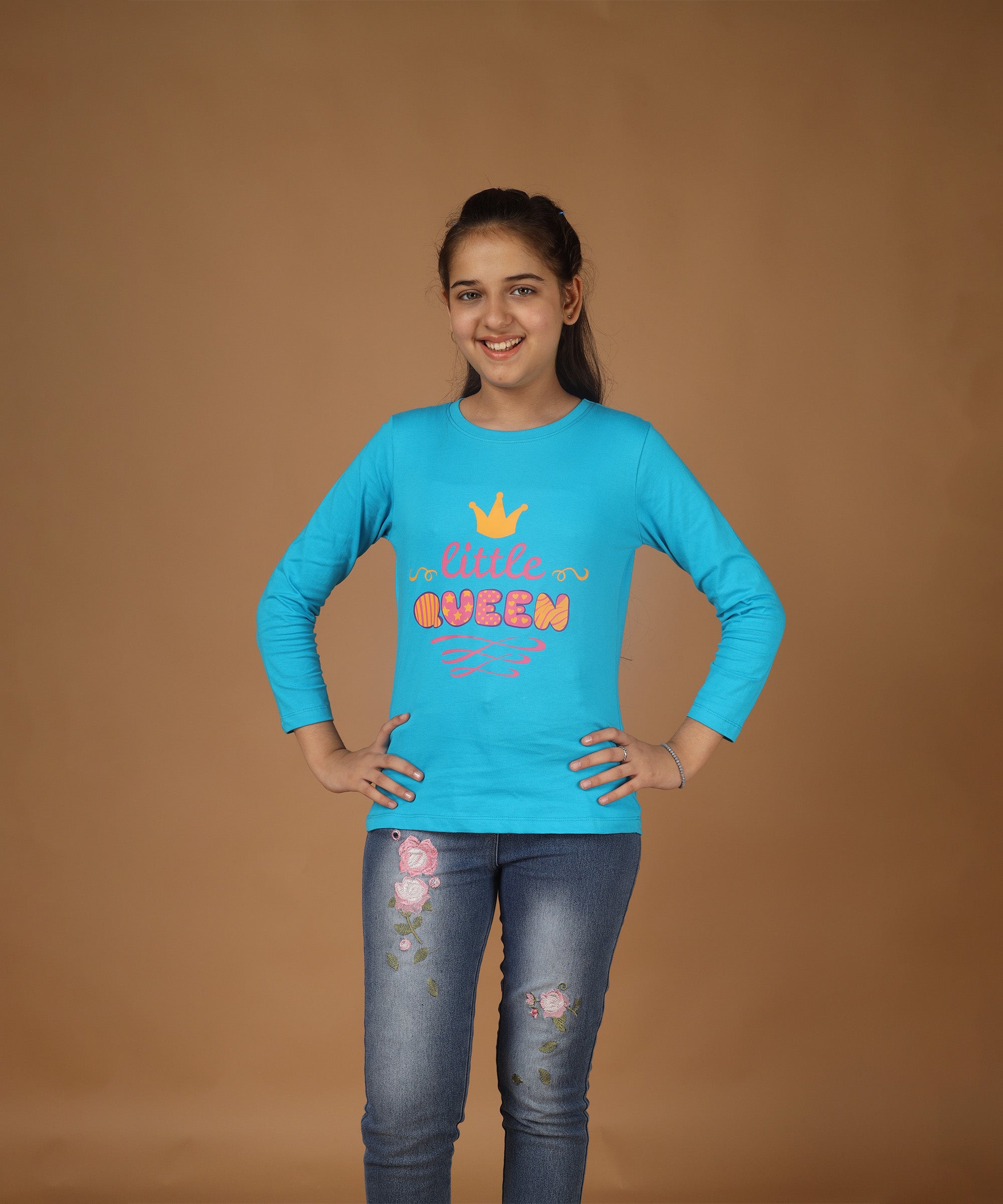 Girls Printed Full Sleeve Premium T-shirt | Sky Blue
